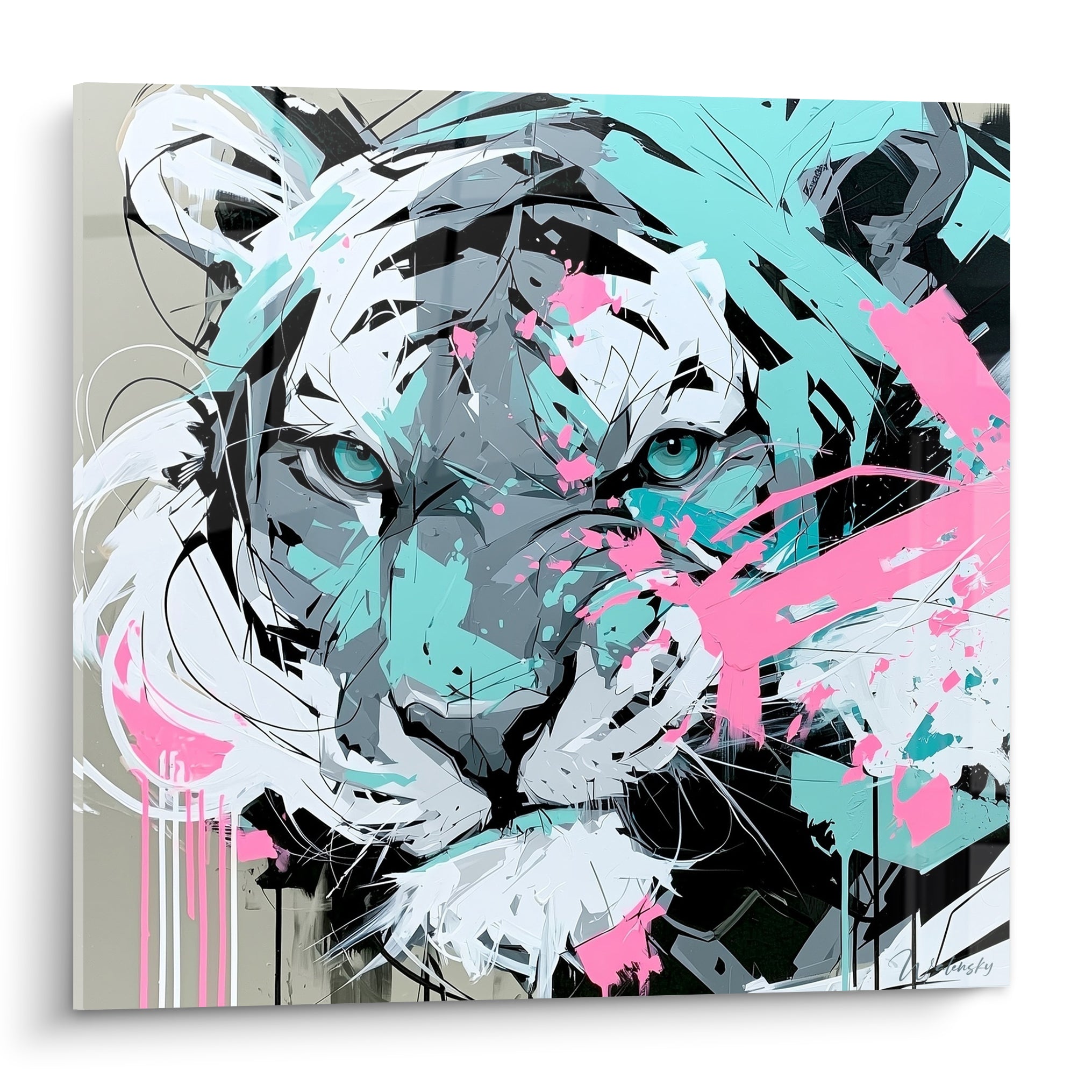 Tigre turquoise et rose fuchsia, regard perçant sur fond noir, style éclaboussé graphique