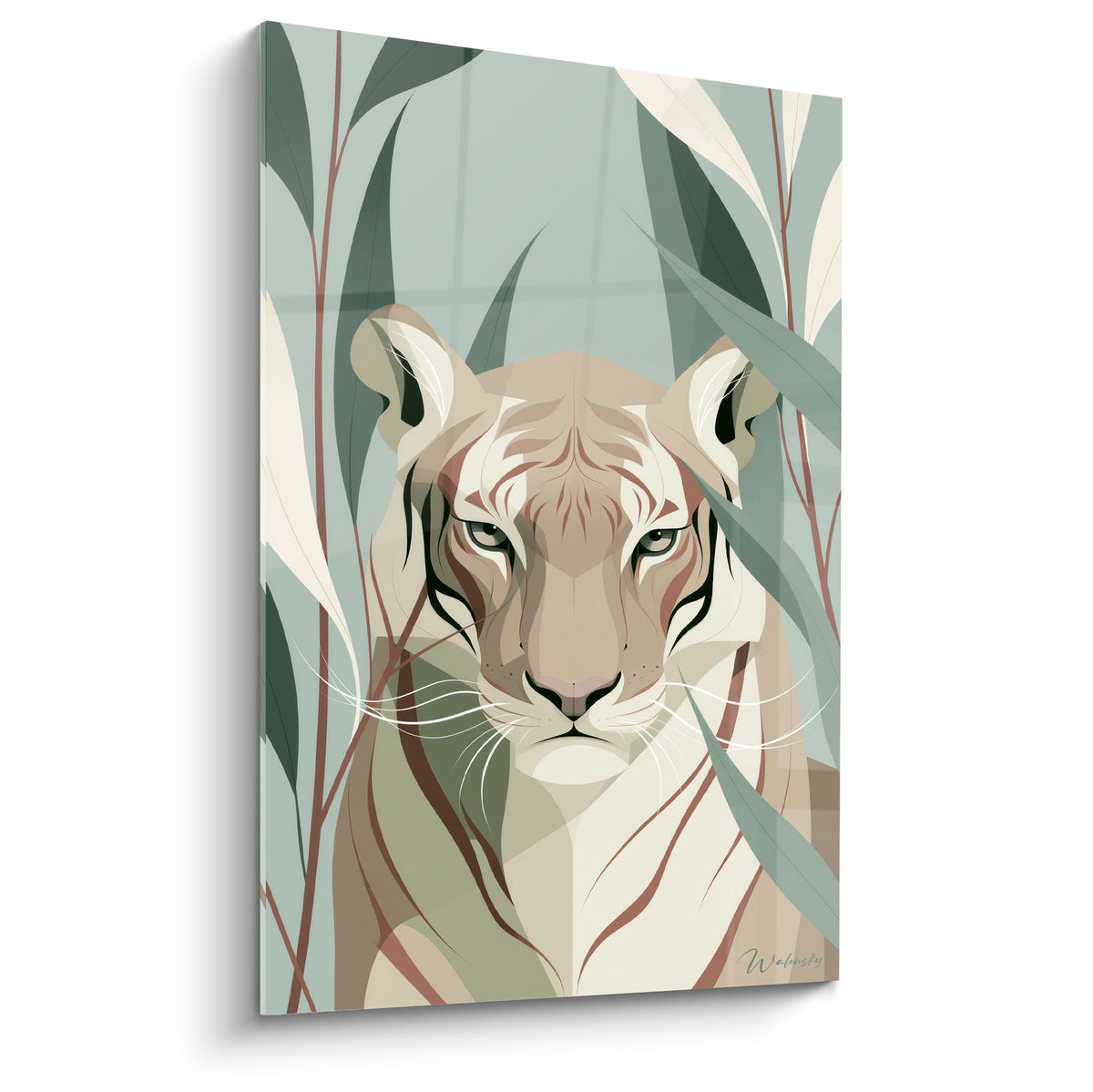 Tigre stylisé beige et vert sauge, regard fixe entre des feuillages terracotta