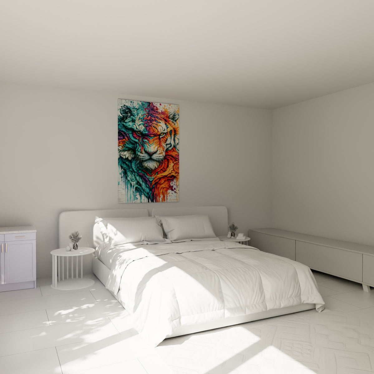 Félin coloré aux teintes violettes et corail placé au-dessus d'un lit dans une chambre claire