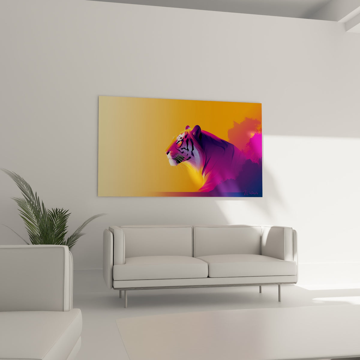 Tigre violet et orange à l'allure graphique, suspendu au-dessus d'un canapé dans un salon lumineux