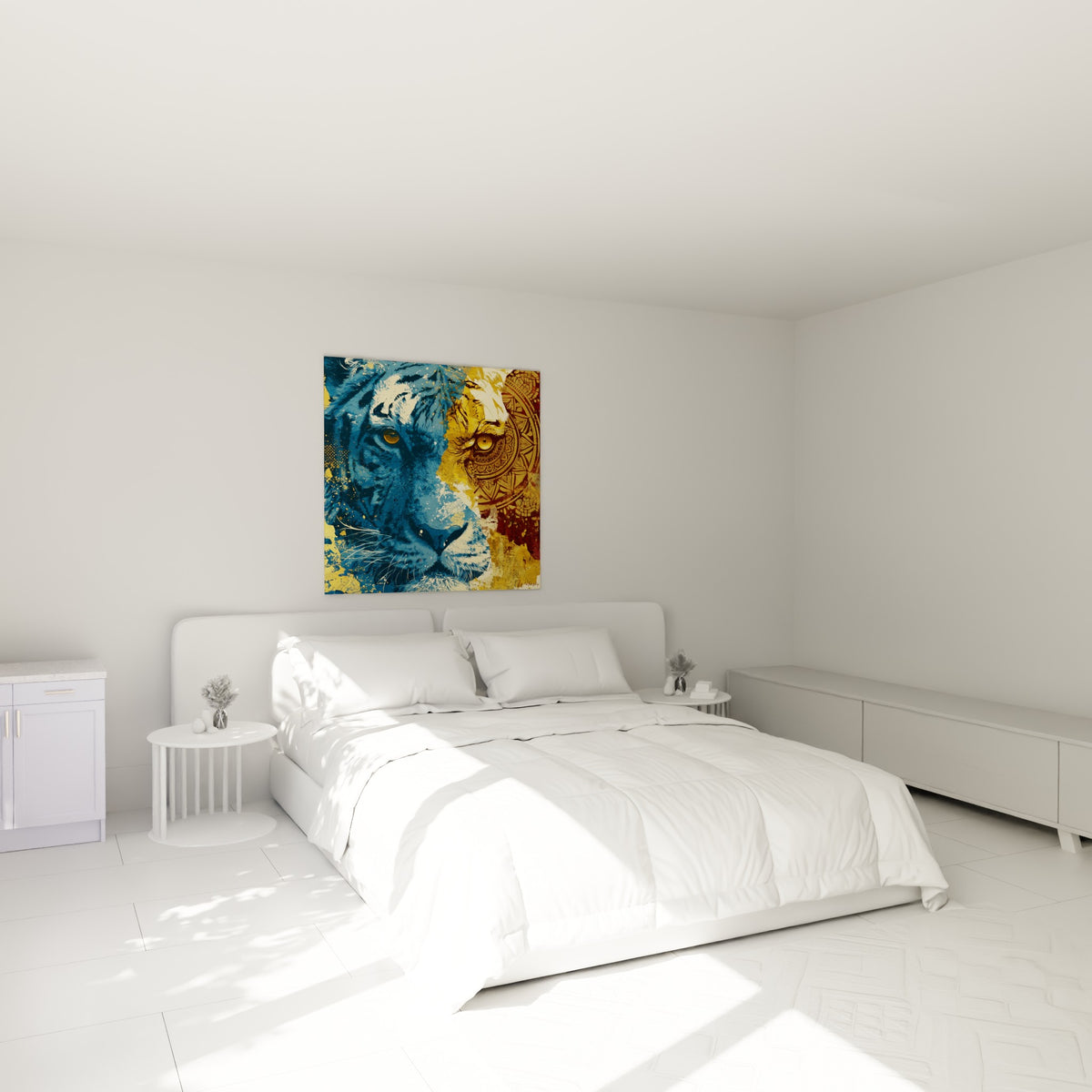 Fauve à visage bleu et doré, mandala ornemental, accroché au-dessus d'un lit dans une chambre claire