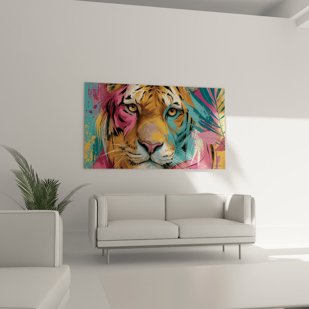 Yeux ambrés du tigre entourés de touches turquoise et orange, au-dessus d'un canapé dans un salon lumineux