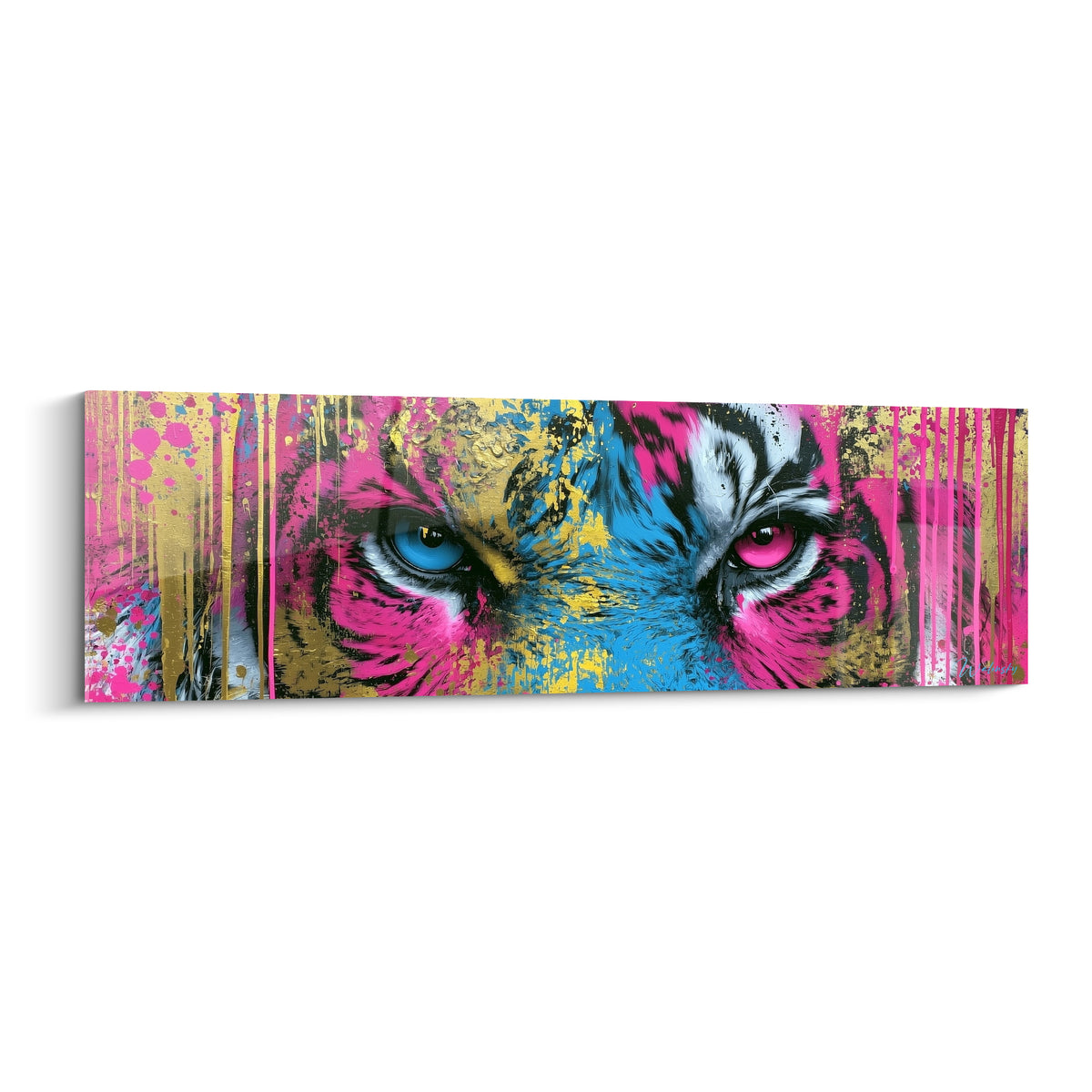 Tigre aux yeux bleu pastel et rose fuchsia, pelage éclaboussé de doré, style graffiti intense