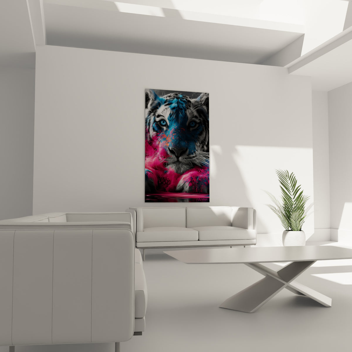 Yeux bleu pâle intenses sur pelage anthracite éclaté de fuchsia, au-dessus d'un canapé dans un salon lumineux