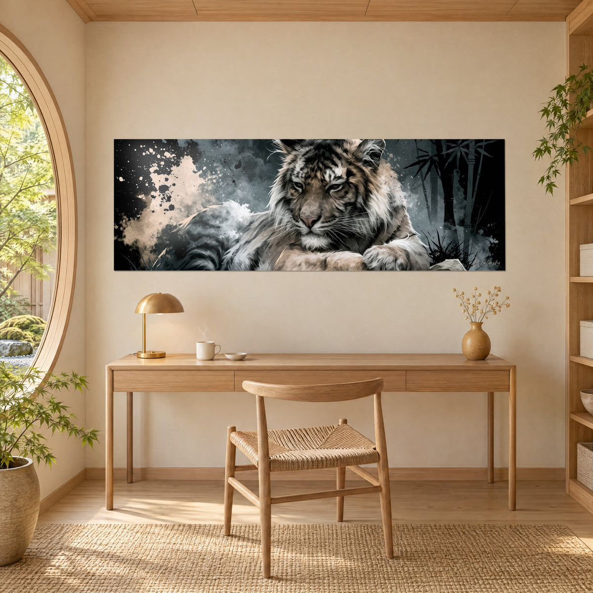 Wall art of a striped tiger with green eyes on an charcoal background with dark bamboo, hung above a light wood desk with a brass lamp