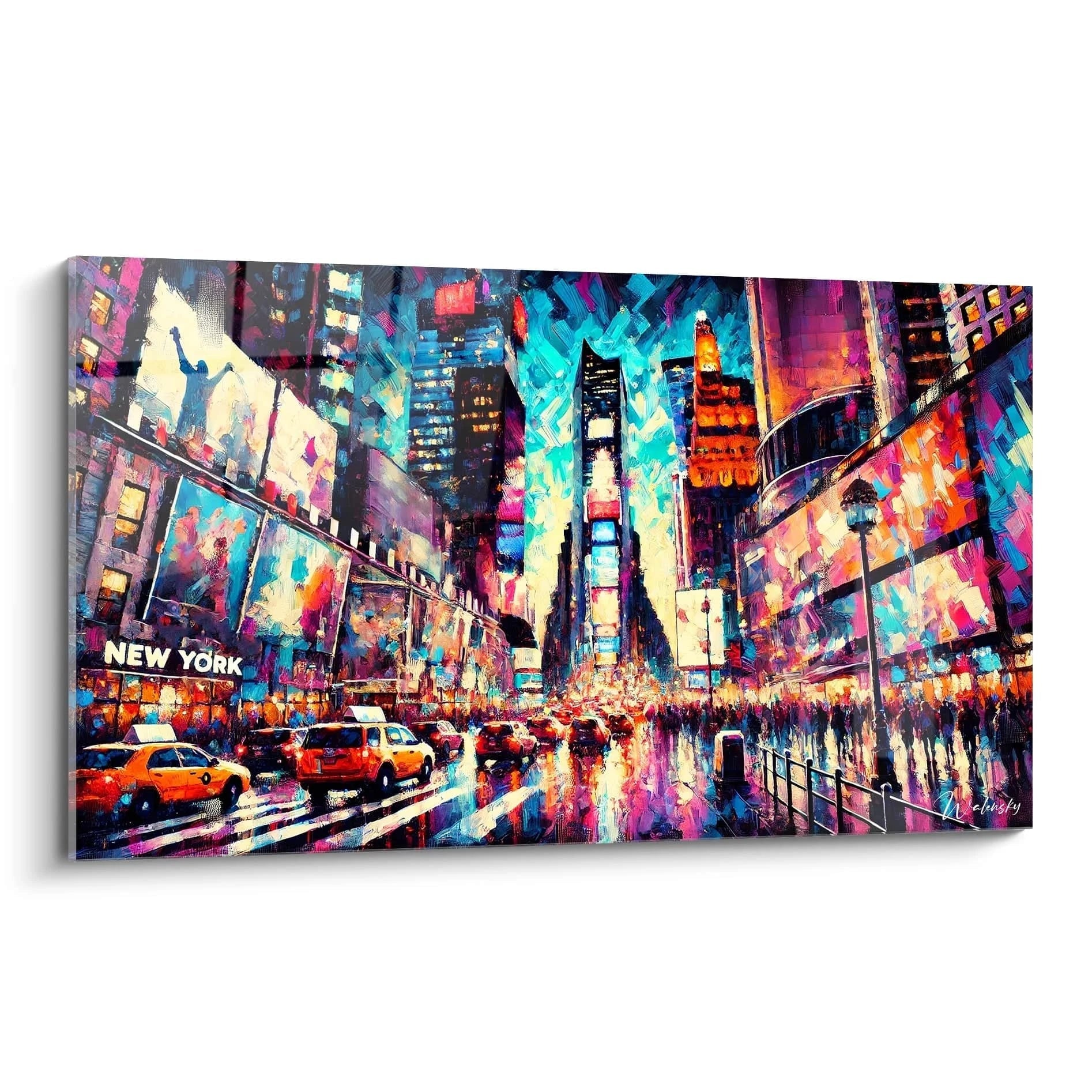 tableau Times Square vu de biais illumine par des teintes bleu rose jaune ses textures dynamiques capturent l'energie et le mouvement du carrefour iconique de New York au crepuscule.