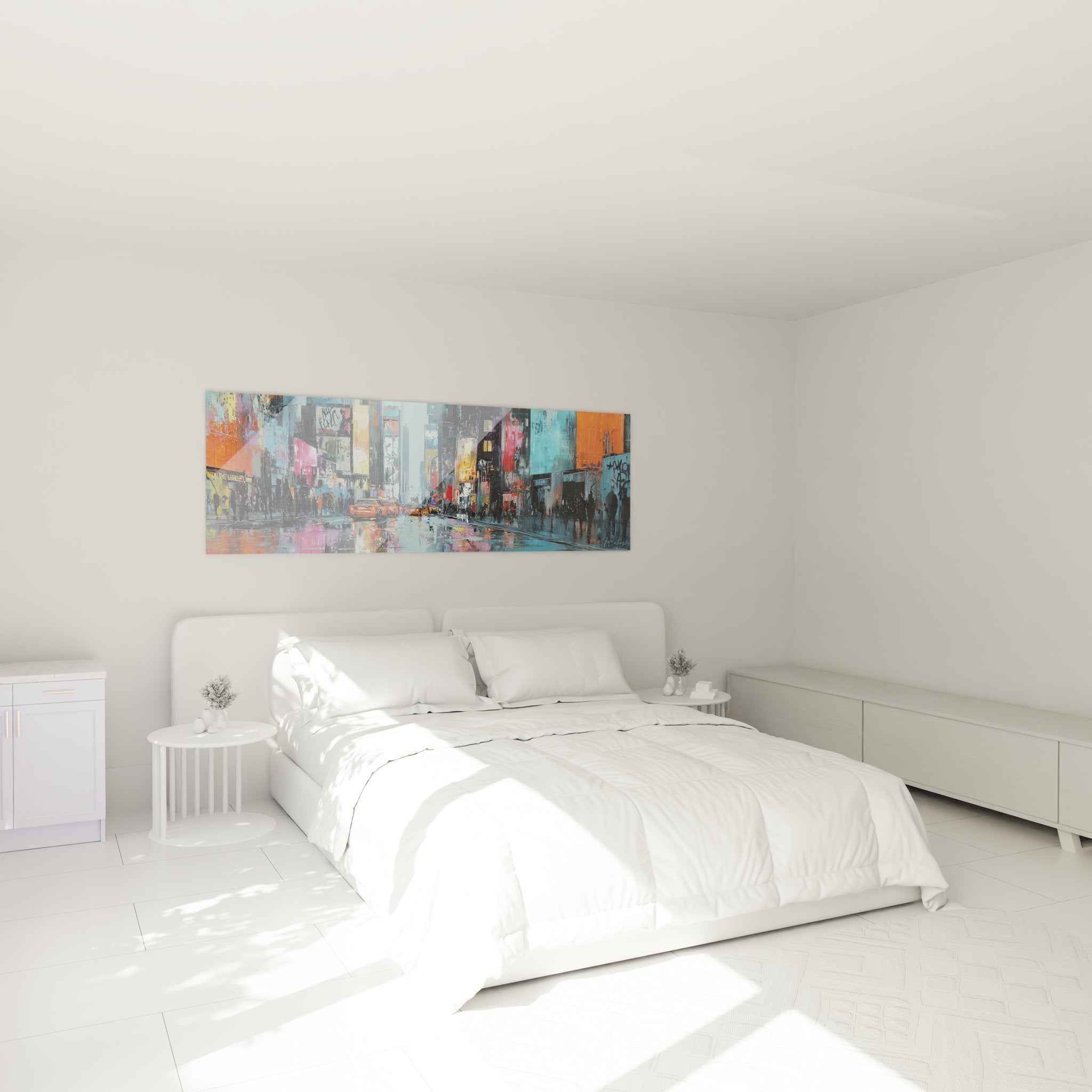 Tableau mural Times Square pluie dans chambre moderne avec éclairage tamisé et déco urbaine