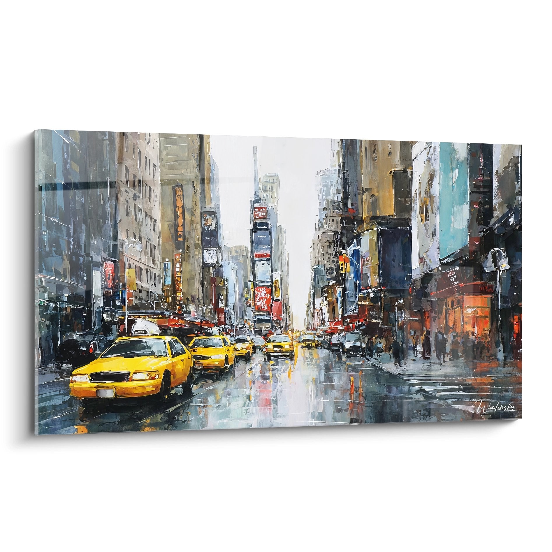 Tableau Times Square sous la pluie avec taxis jaunes et gratte-ciels NYC - art urbain Manhattan