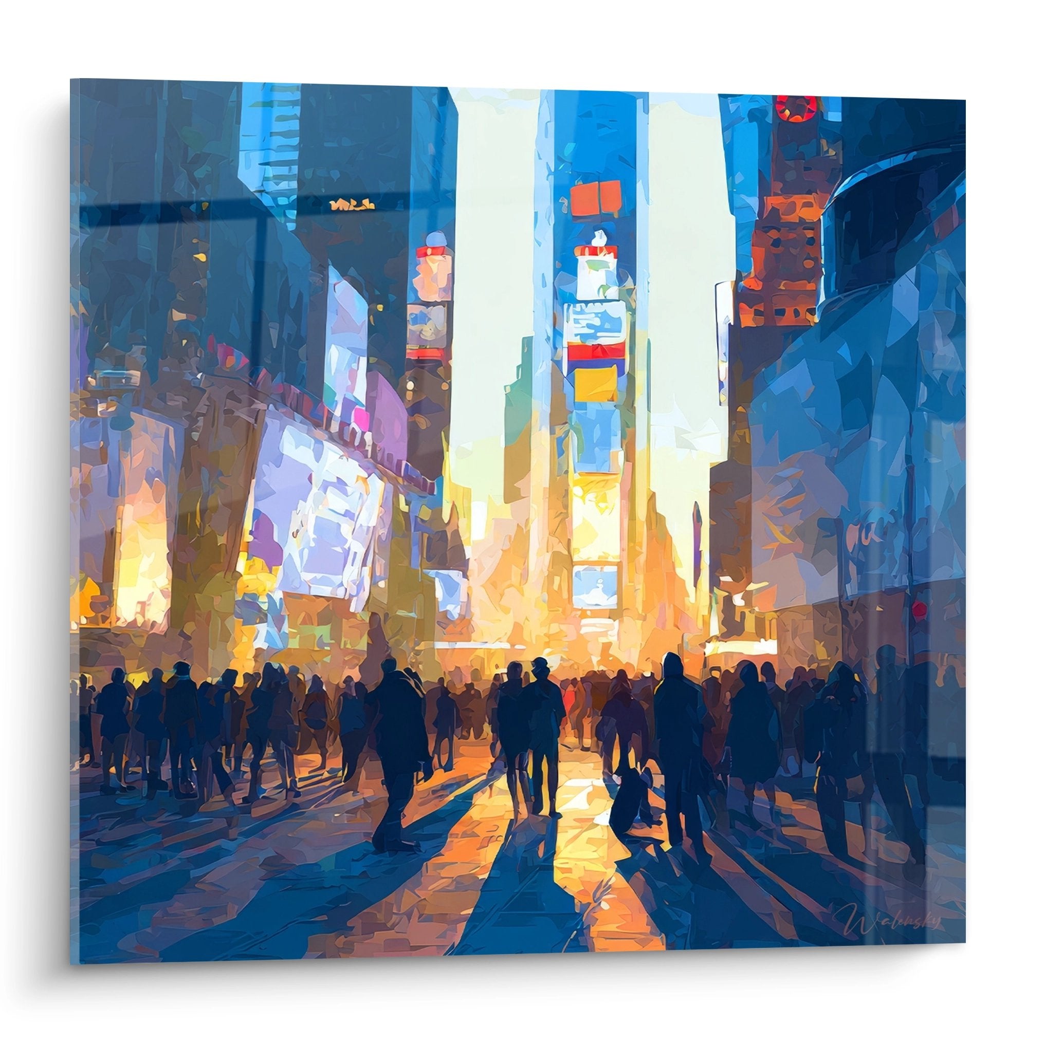Tableau Times Square urbain avec gratte-ciel illuminés et foule de silhouettes, style artistique moderne