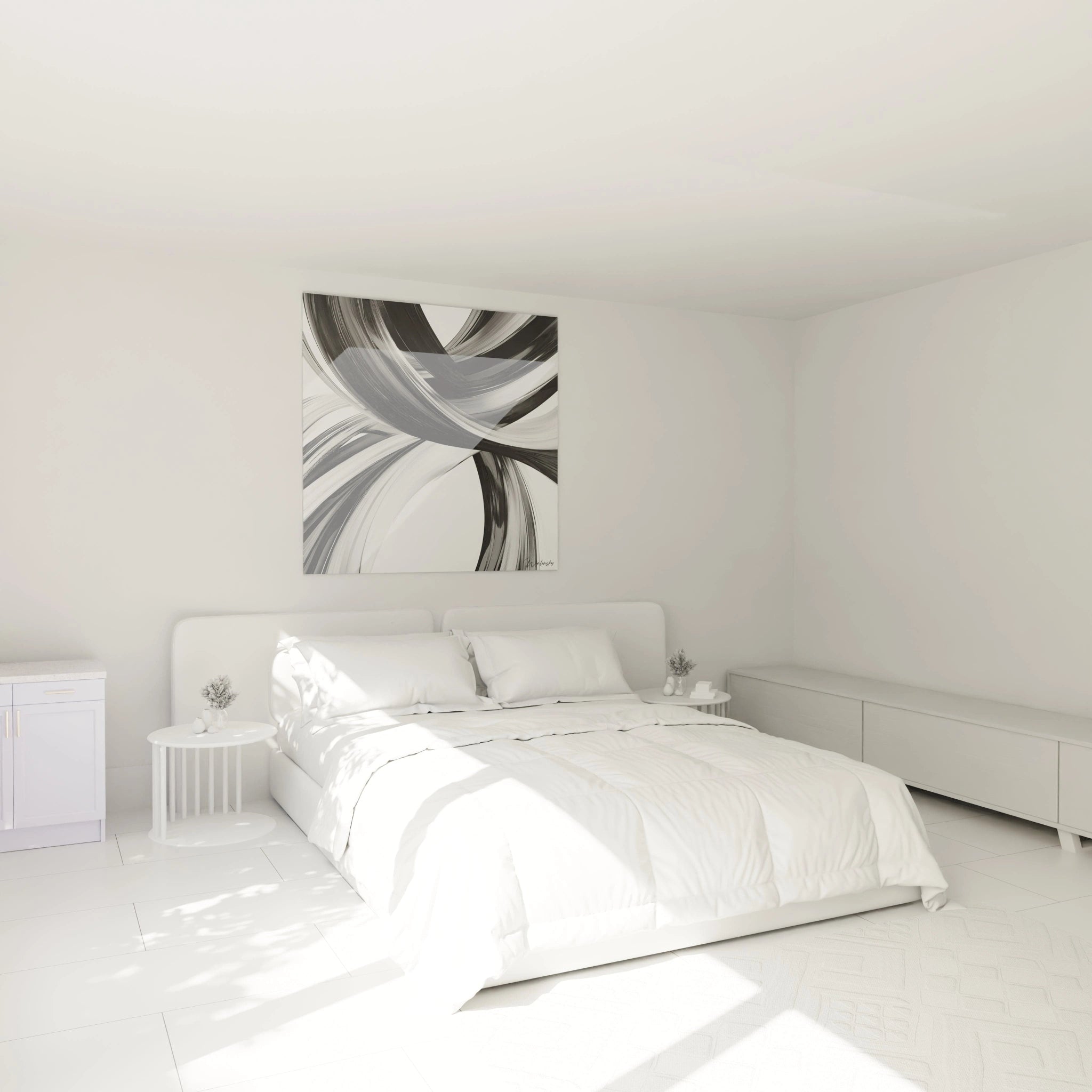 Un tableau rayures noir et blanc abstrait composé de traits calligraphiques qui se courbent et s'entrecroisent. Les différentes épaisseurs de lignes et les nuances de gris créées par superposition confèrent une dimension tridimensionnelle à cette composition monochrome.