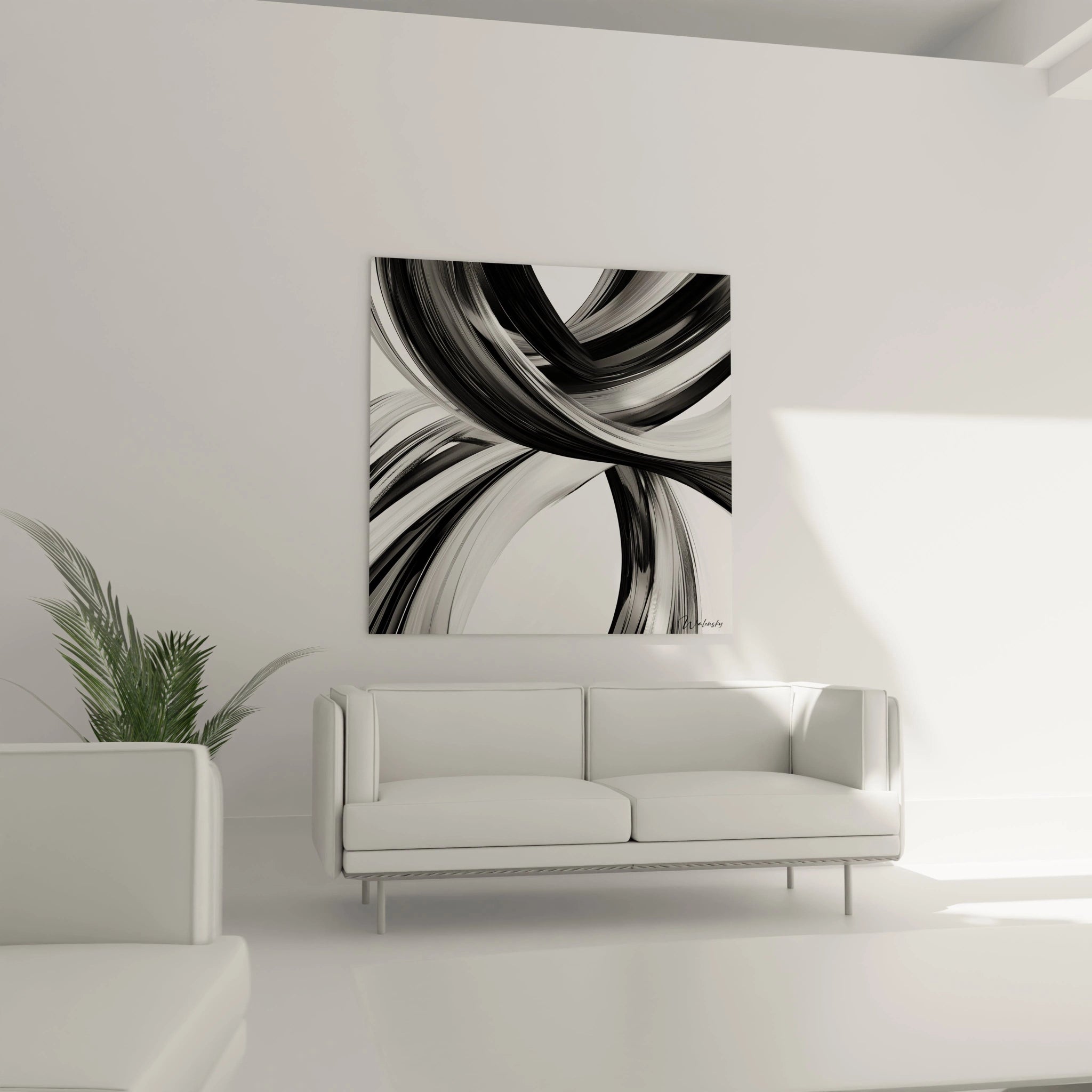 Un tableau rayures noir et blanc minimaliste présentant des ondulations graphiques qui se superposent et créent un effet de profondeur. Les contrastes prononcés entre les lignes noires brillantes et les espaces blancs génèrent un rythme visuel captivant.