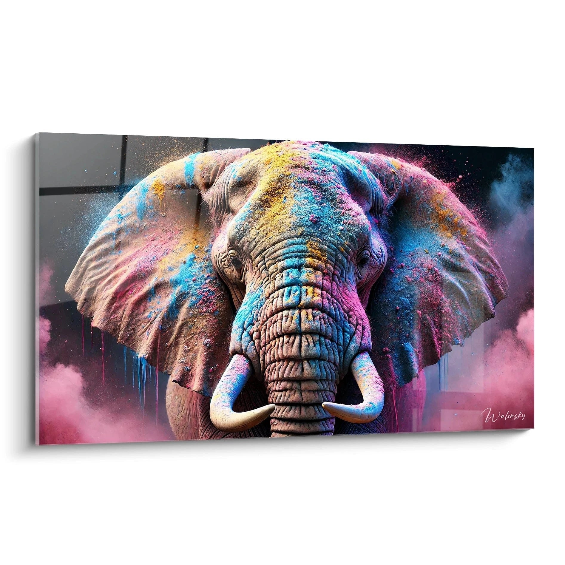 Ce tableau elephant, vu de biais, révèle toute la majesté de l'animal. Les couleurs vibrantes bleu, rose et jaune donnent à l'œuvre une profondeur captivante, idéal pour apporter de la vie à tout espace.
