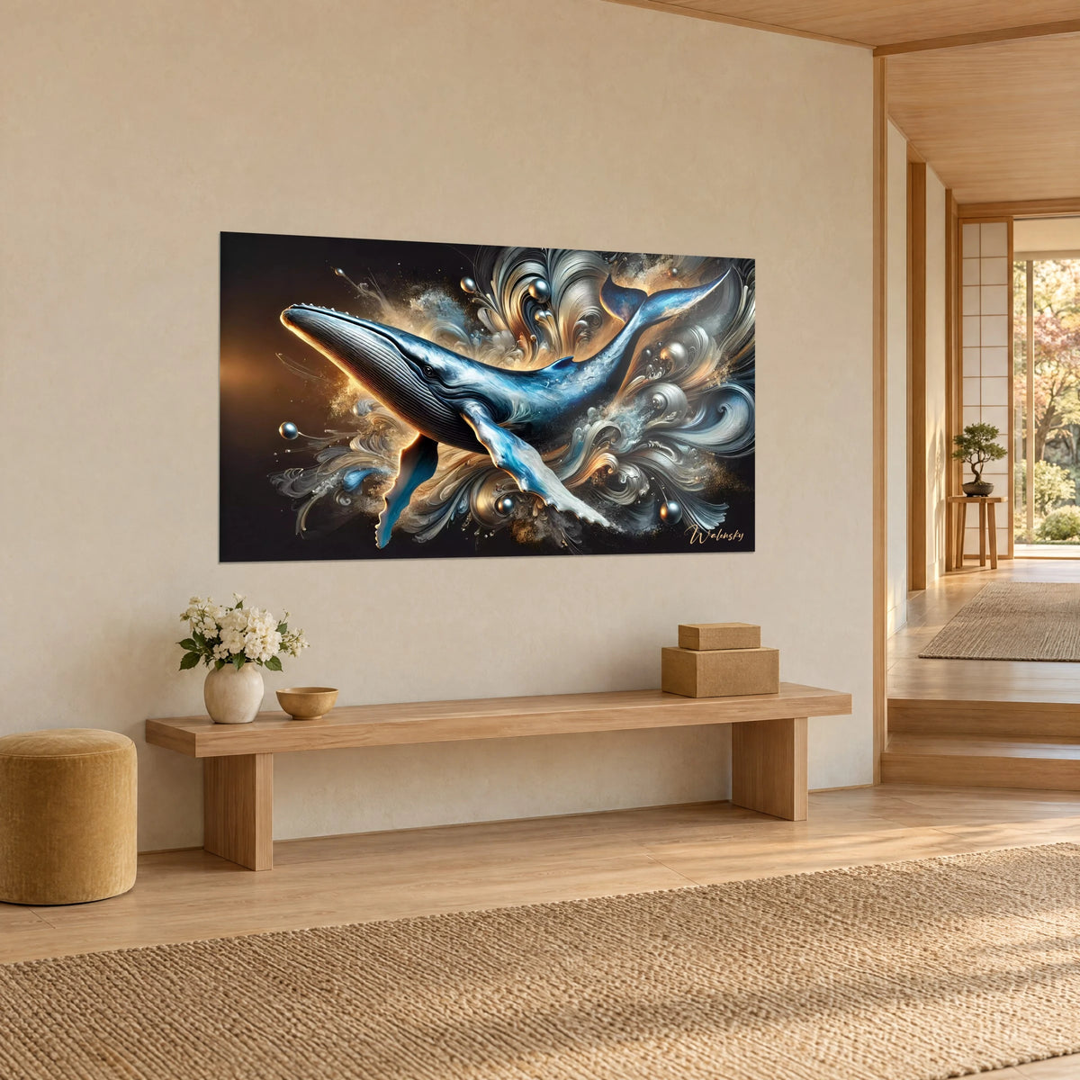 Gemälde riesiger Wal mit mitternachtsblauen und elfenbeinfarbenen Flanken, schwebende Metallperlen, an einer beigen Wand neben einer Holzbank in hellem Holz