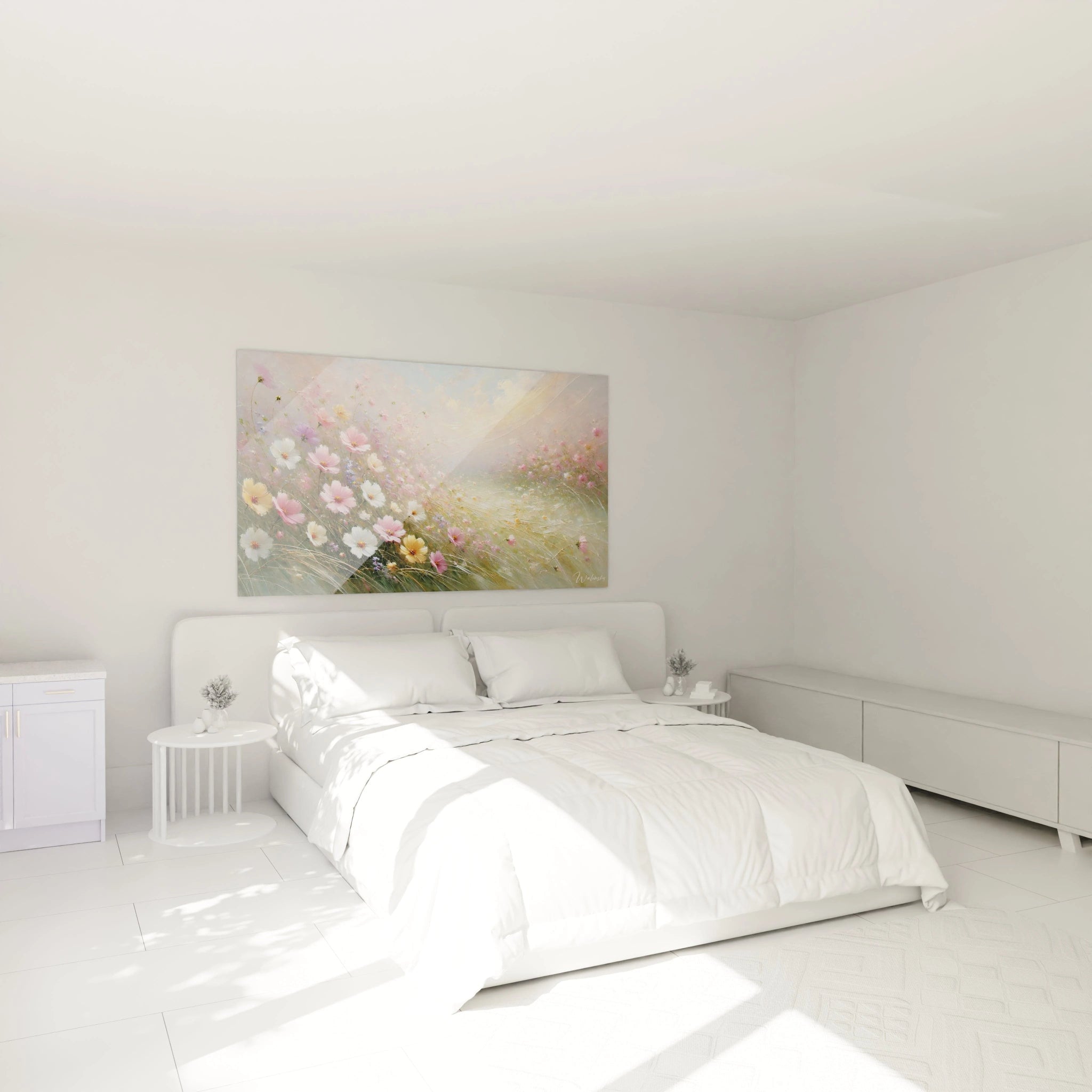 dans cette chambre le tableau toile de campagne ajoute une touche de serenite au dessus du lit avec son paysage de fleurs et sa lumiere matinale il invite a la contemplation paisible