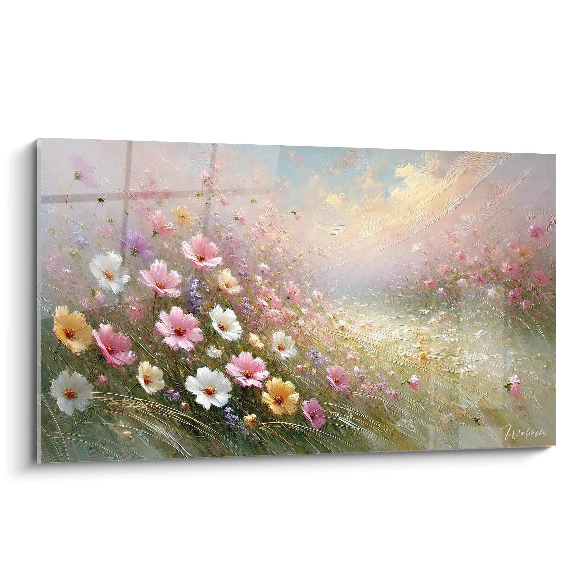 tableau toile de campagne vue de biais presente un champ de fleurs sous une lumiere douce du matin capturant l essence ephemere de la nature un hommage a la serenite et la douceur