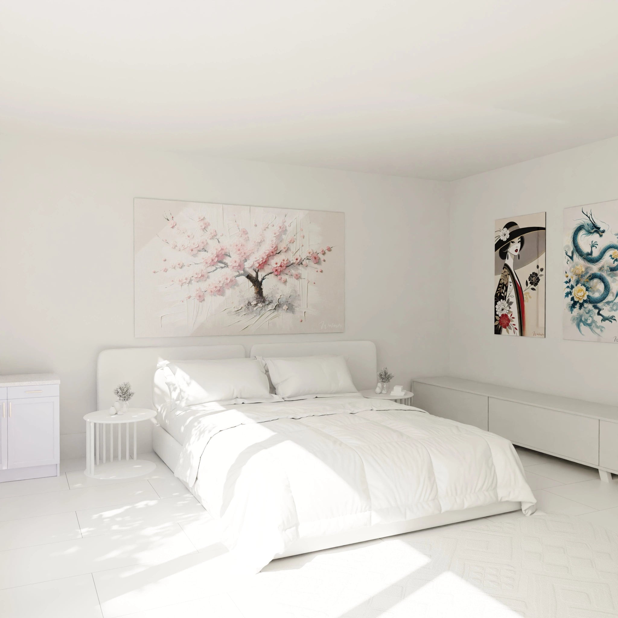 tableau asie accroché au mur au-dessus du lit dans une chambre ambiance zen et relaxante pétales roses contrastant avec un fond blanc et des détails texturés uniques