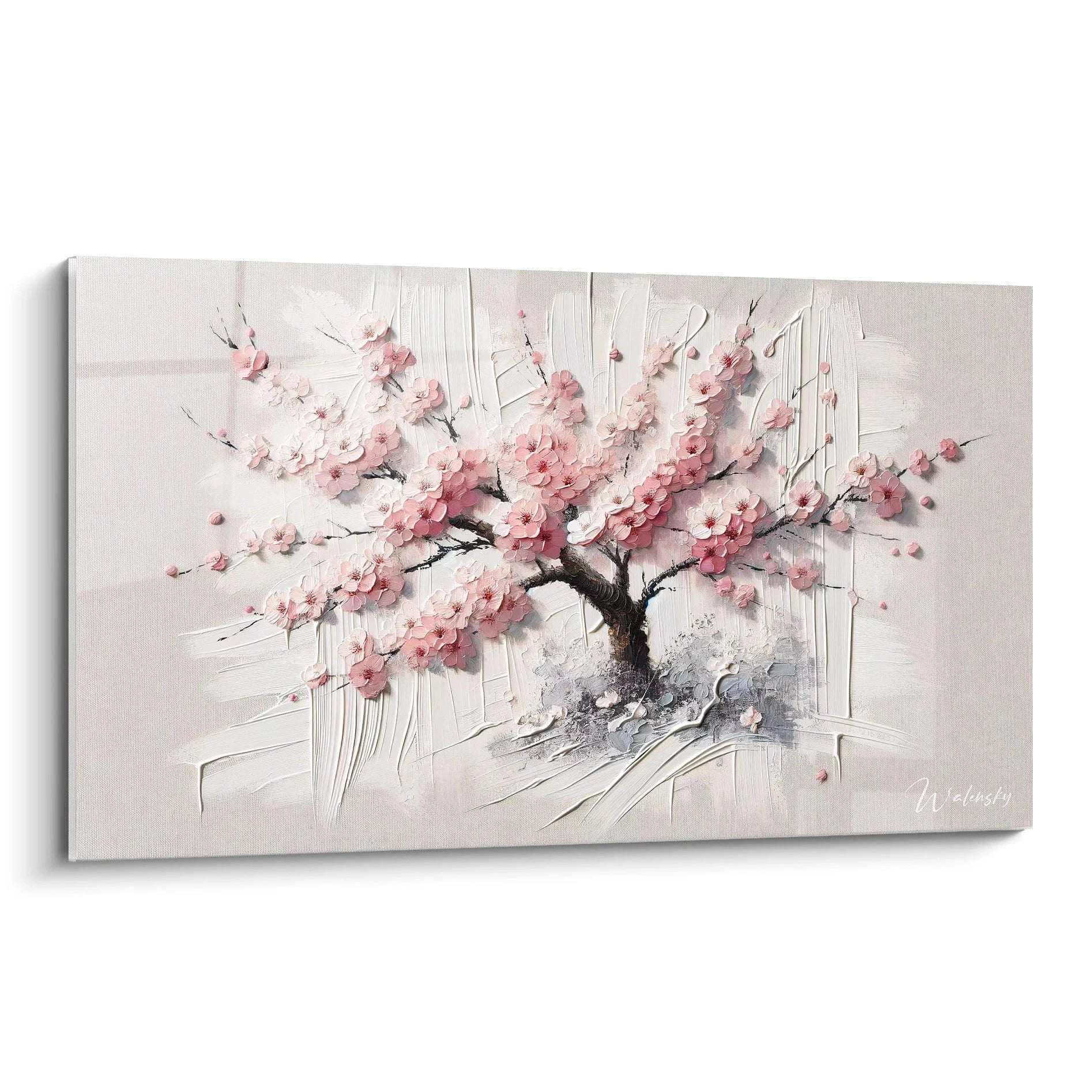 tableau asie vue de biais avec des pétales roses en relief des nuances de blanc et un tronc marron robuste inspiré des cerisiers japonais et d'une beauté éphémère