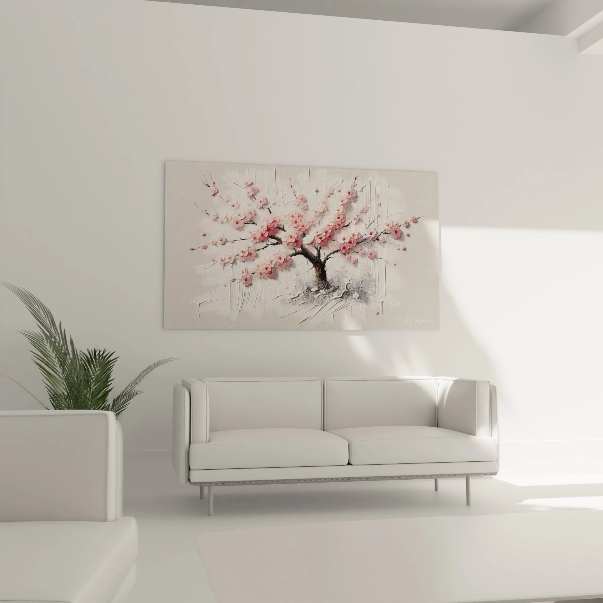 tableau asie accroché au-dessus d’un canapé dans un salon minimaliste pétales en relief tons apaisants rose blanc et marron évoquant la culture japonaise et la sérénité