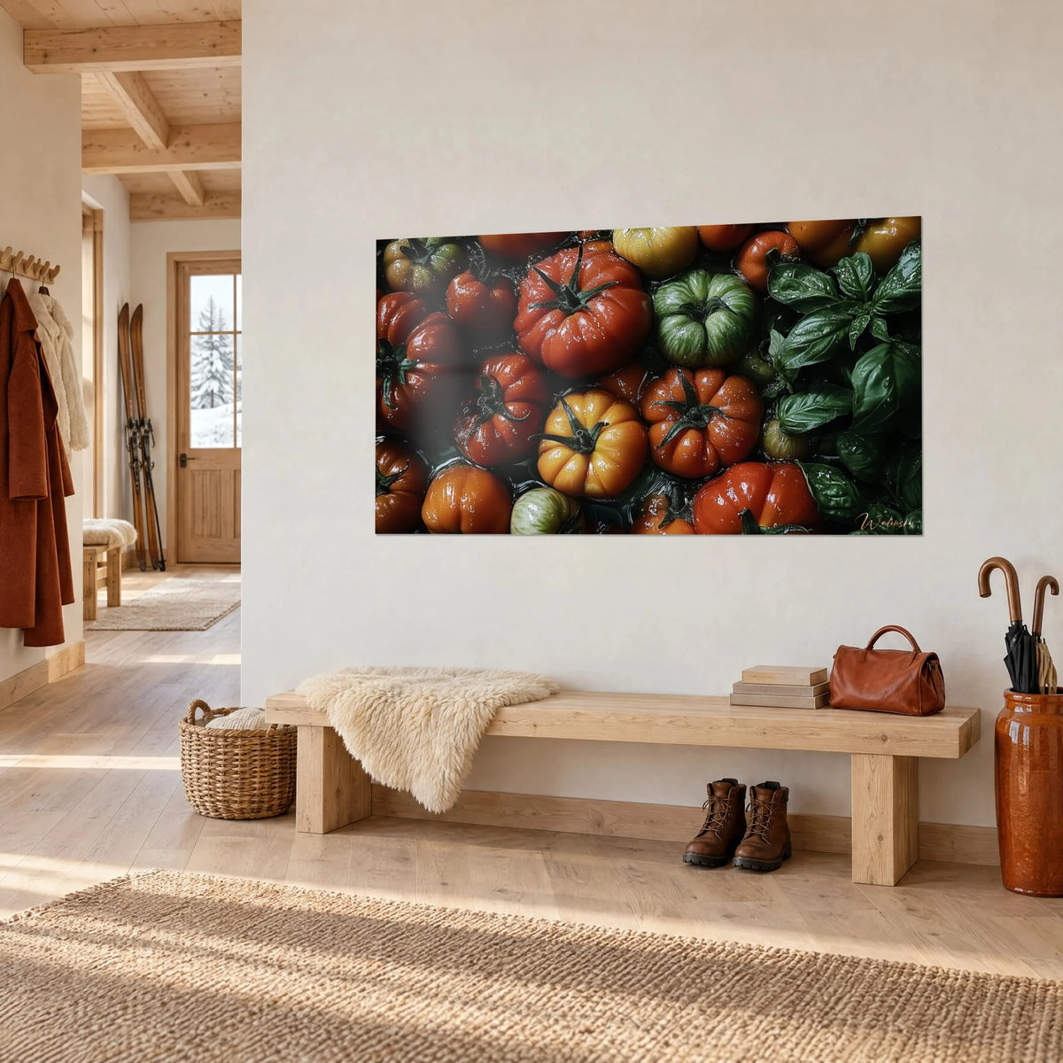 Tableau cuisine de tomates côtelées rouge vif et jaune safran, feuilles de basilic brillantes, accroché sur un mur de chalet