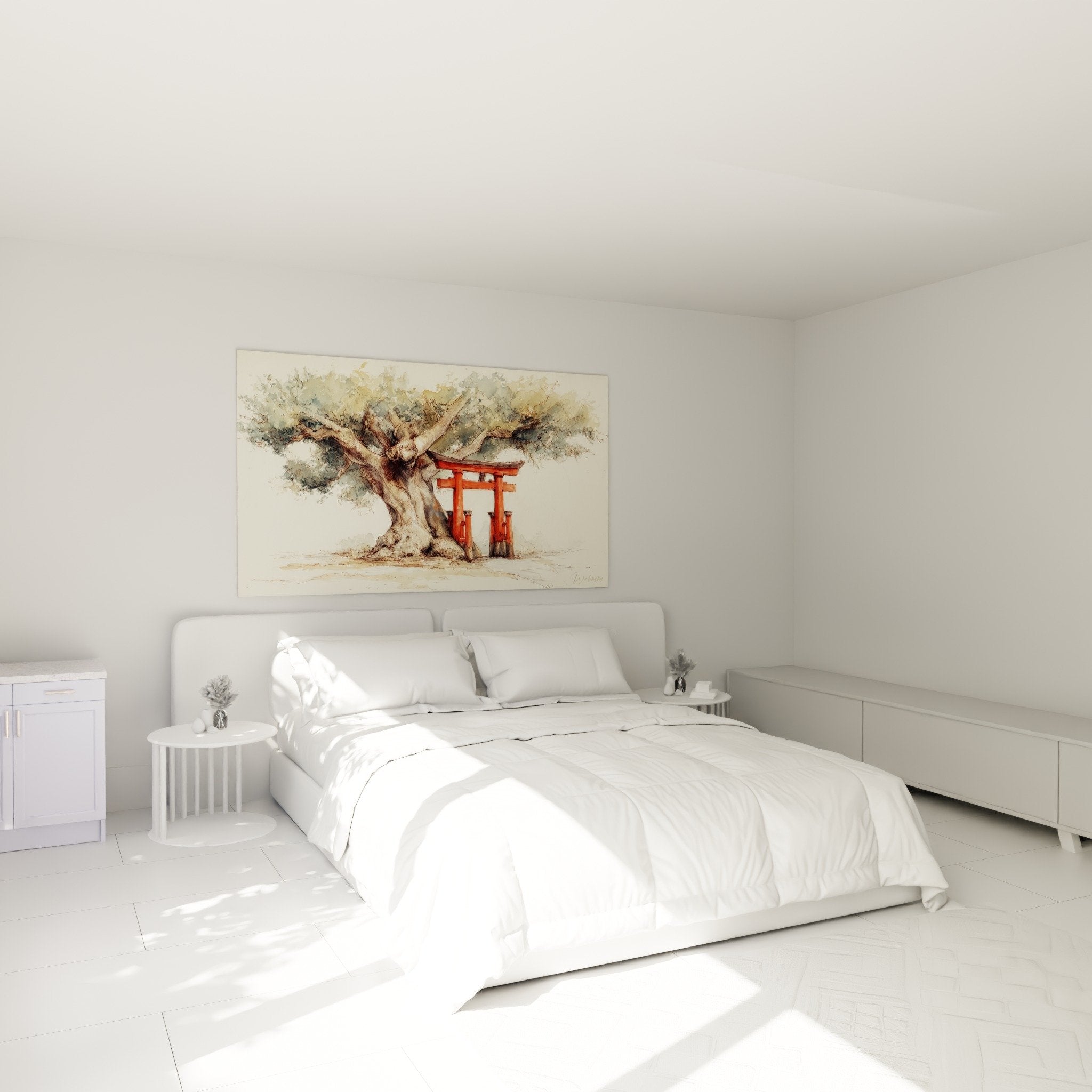 Tableau torii aquarelle dans chambre moderne mur blanc décoration zen japonaise arbre branches
