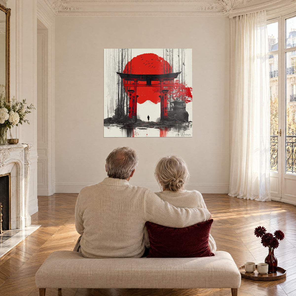 Cuadro de un pórtico sintoísta bermellón y carbón, arce rojo, pagoda, reflejos en el agua, pareja abrazada de espaldas en un banco de un salón haussmanniano