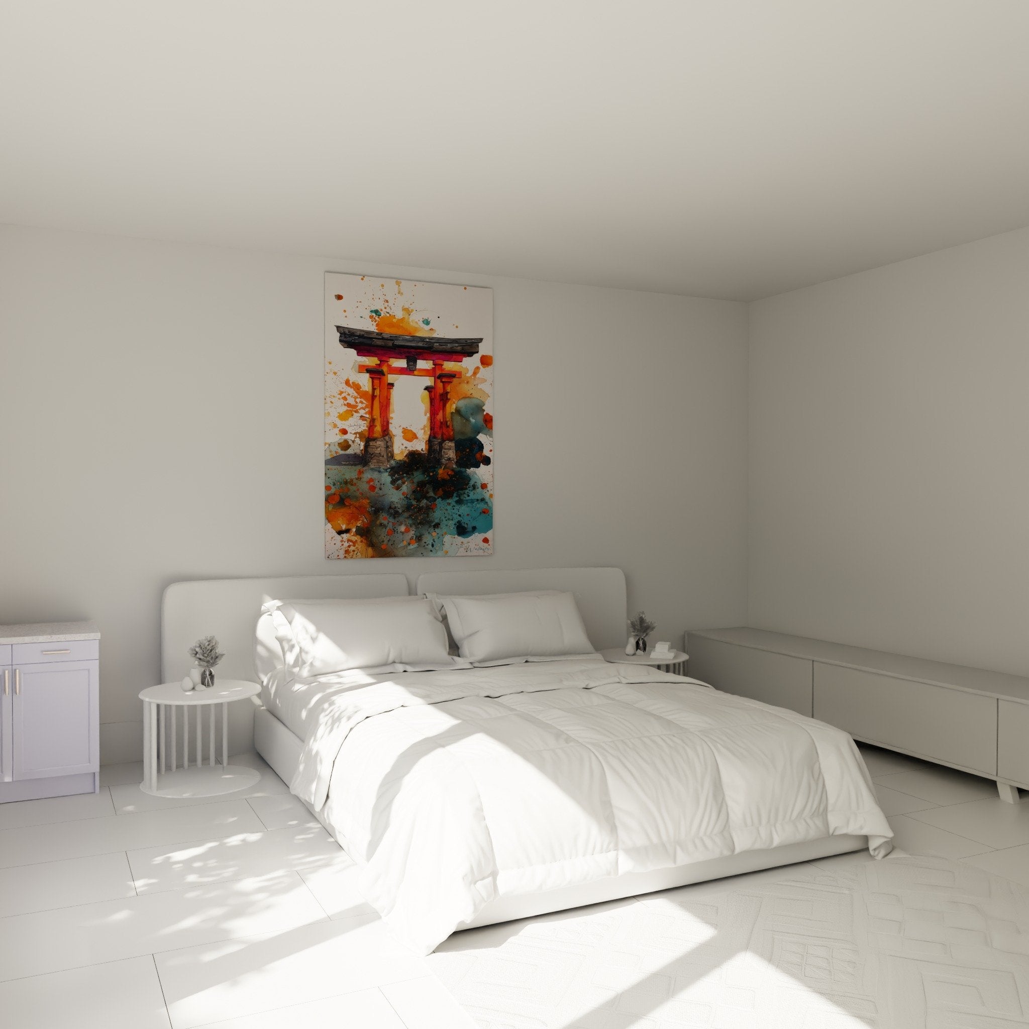 Tableau torii aquarelle rouge dans chambre moderne decoration murale art japonais contemporain