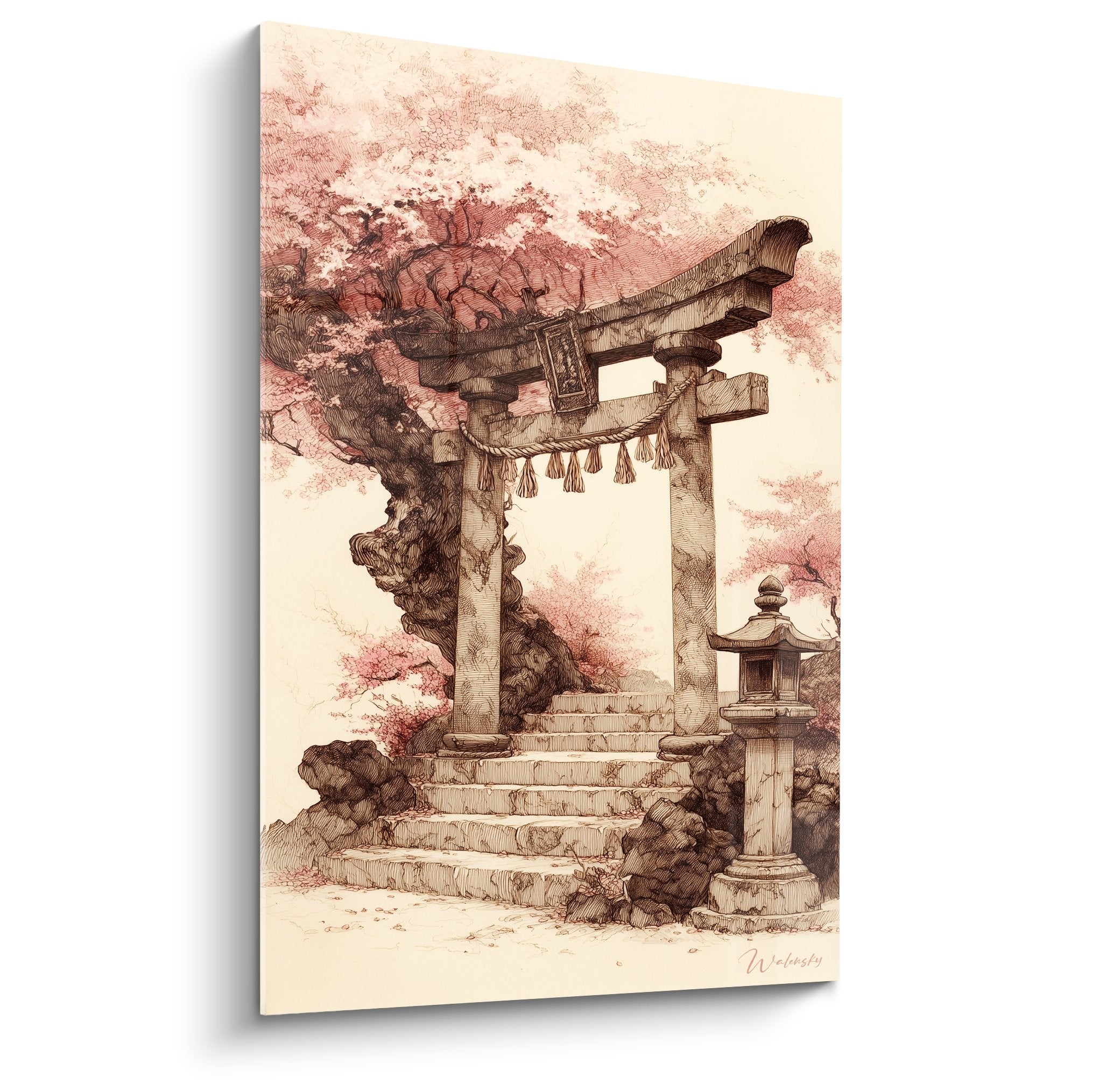 Traditional Japanese torii gate artwork cherry red sepia stone staircase cherry blossoms flowers engraving zen