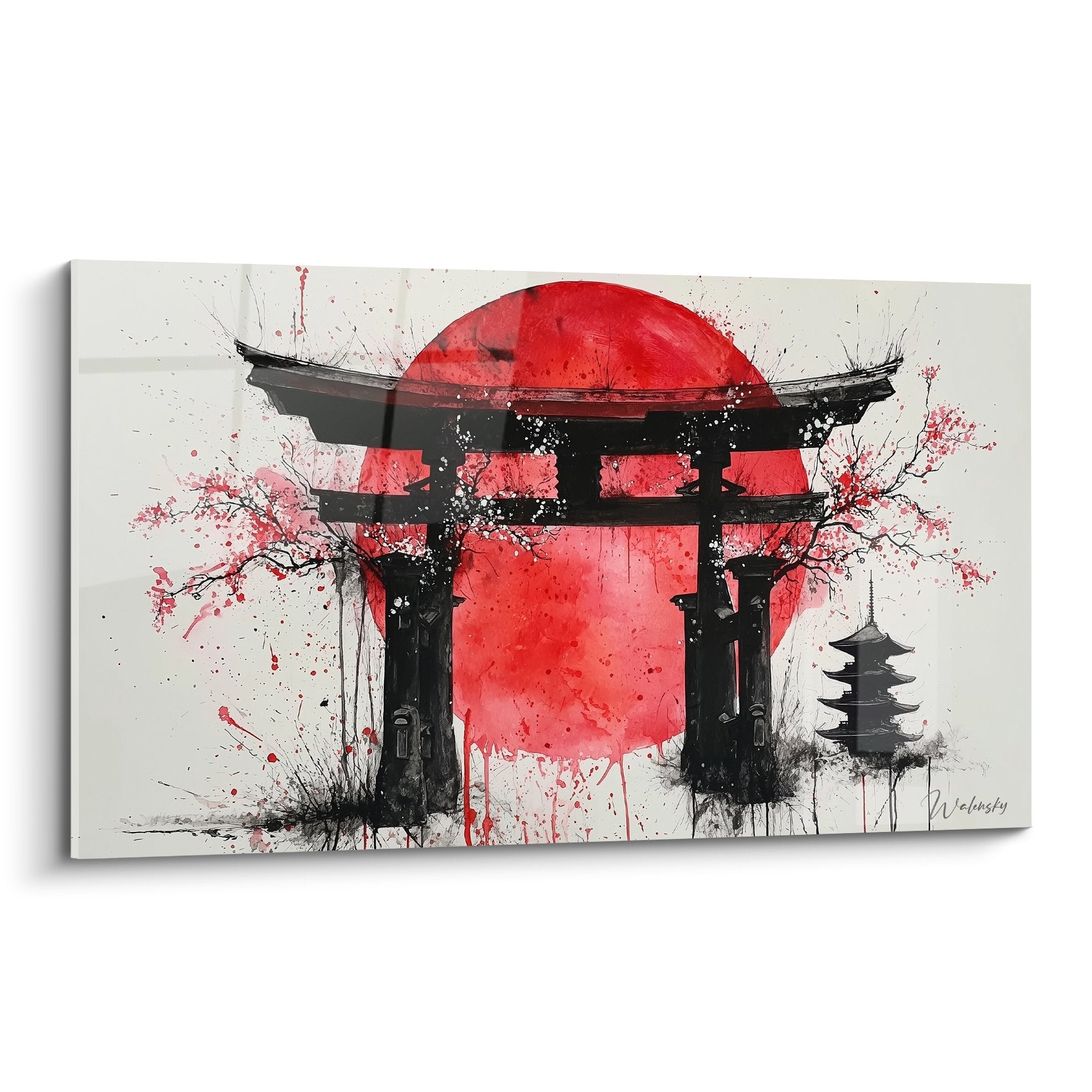 Tableau torii noir avec soleil rouge et branches cerisier fleurs roses art japonais contemporain