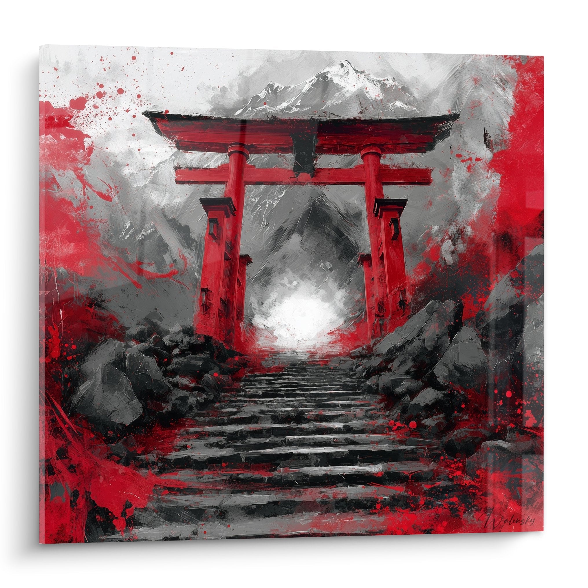 Tableau moderne torii rouge écarlate sur escalier pierre avec éclaboussures peinture et montagnes embrumées