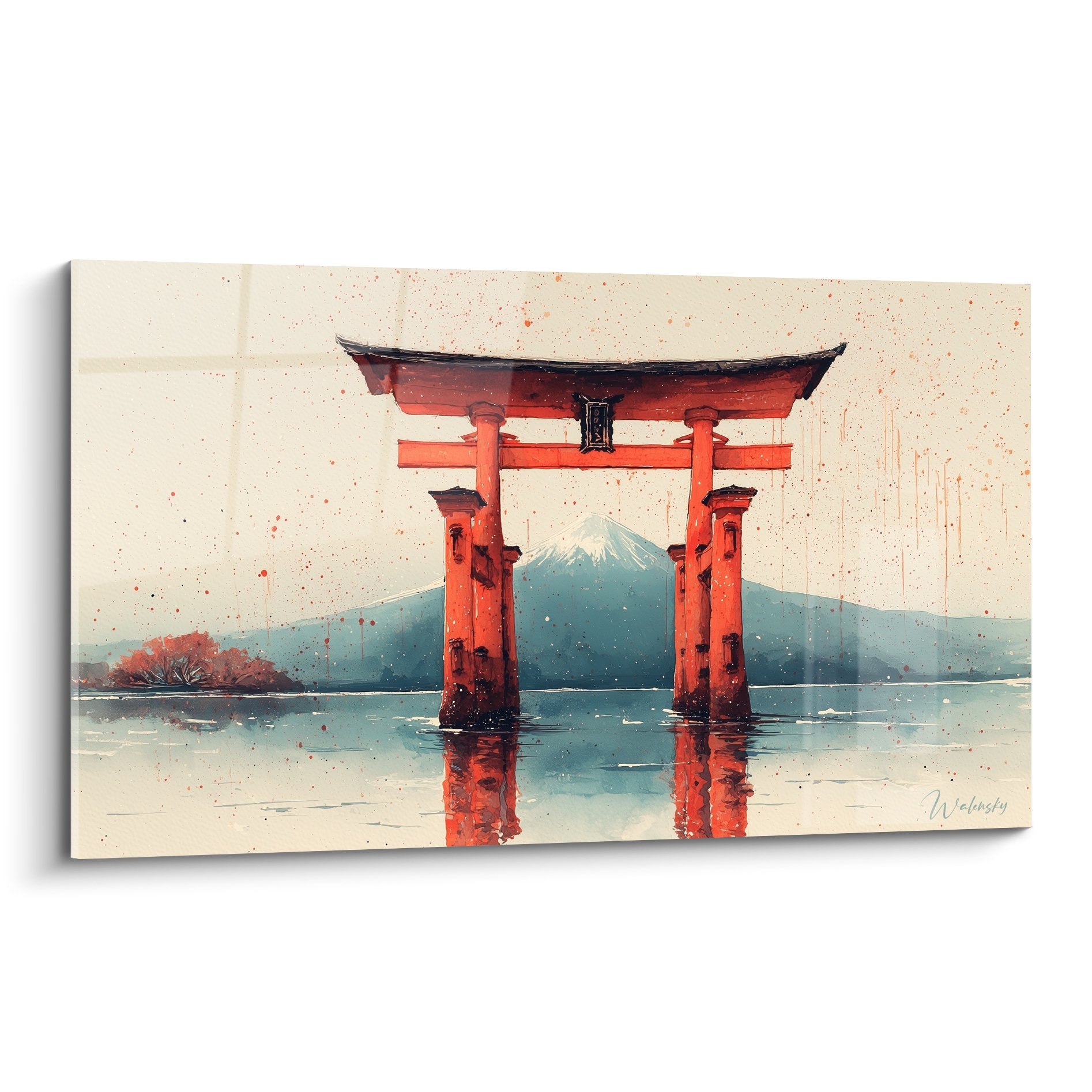 Rotes Vermillion-Torii-Tor in ruhigem Wasser mit Berg Fuji im Hintergrund im japanischen Aquarellstil