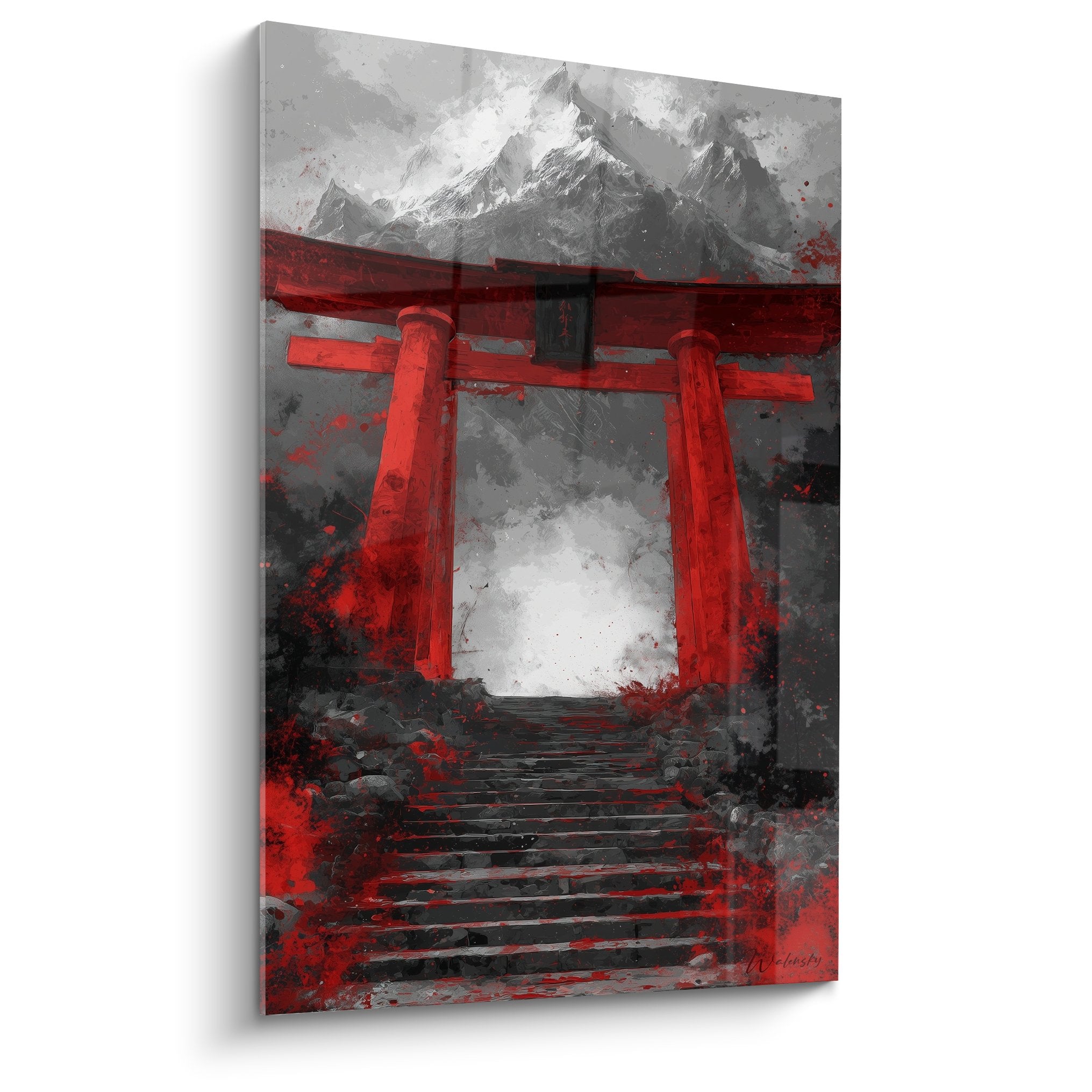 Tableau torii rouge traditionnel japonais avec montagnes grises et eclaboussures peinture moderne
