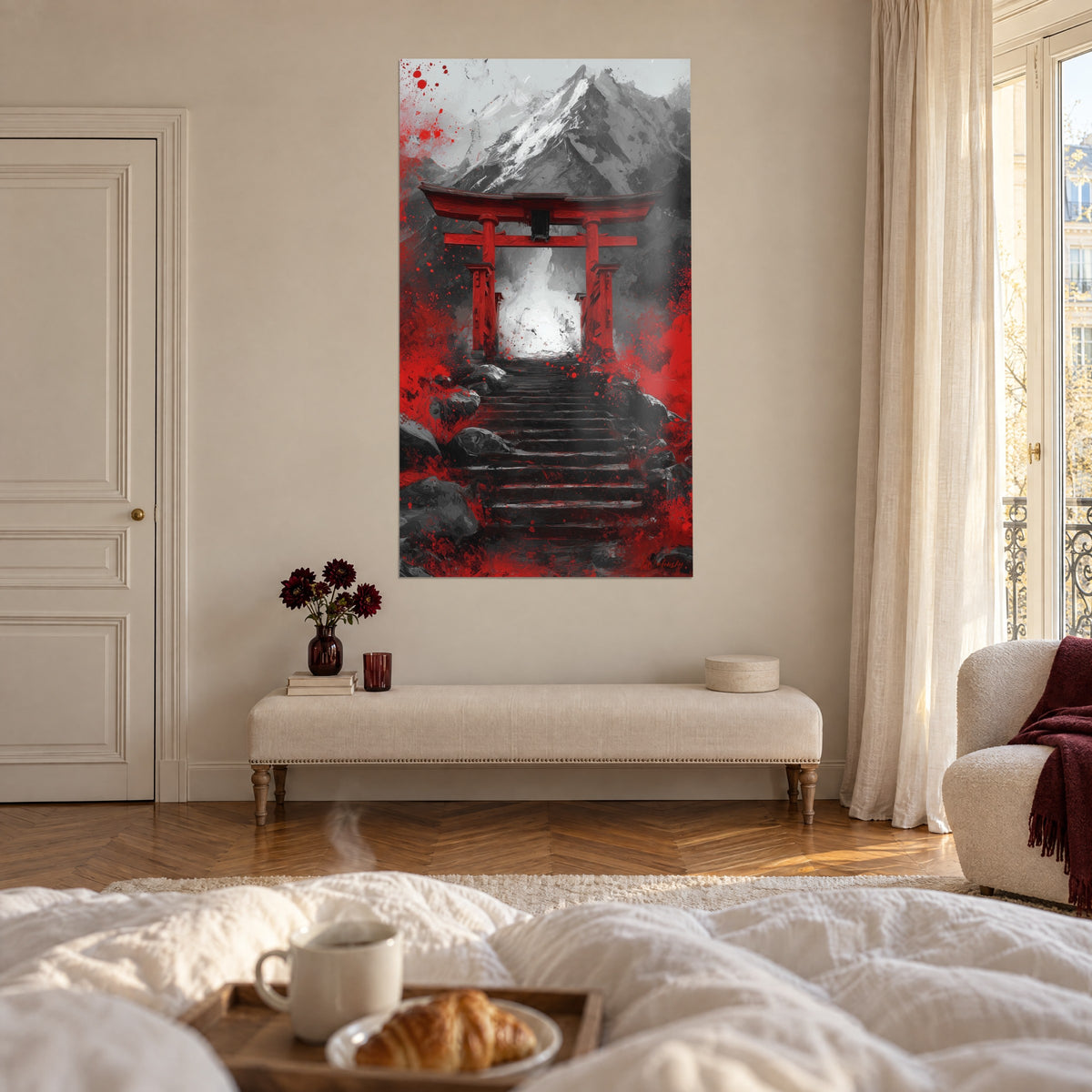 Schilderij Helderrode heilige boog, antracieten trappen en asgrijze top, boven een bed in een lichte slaapkamer