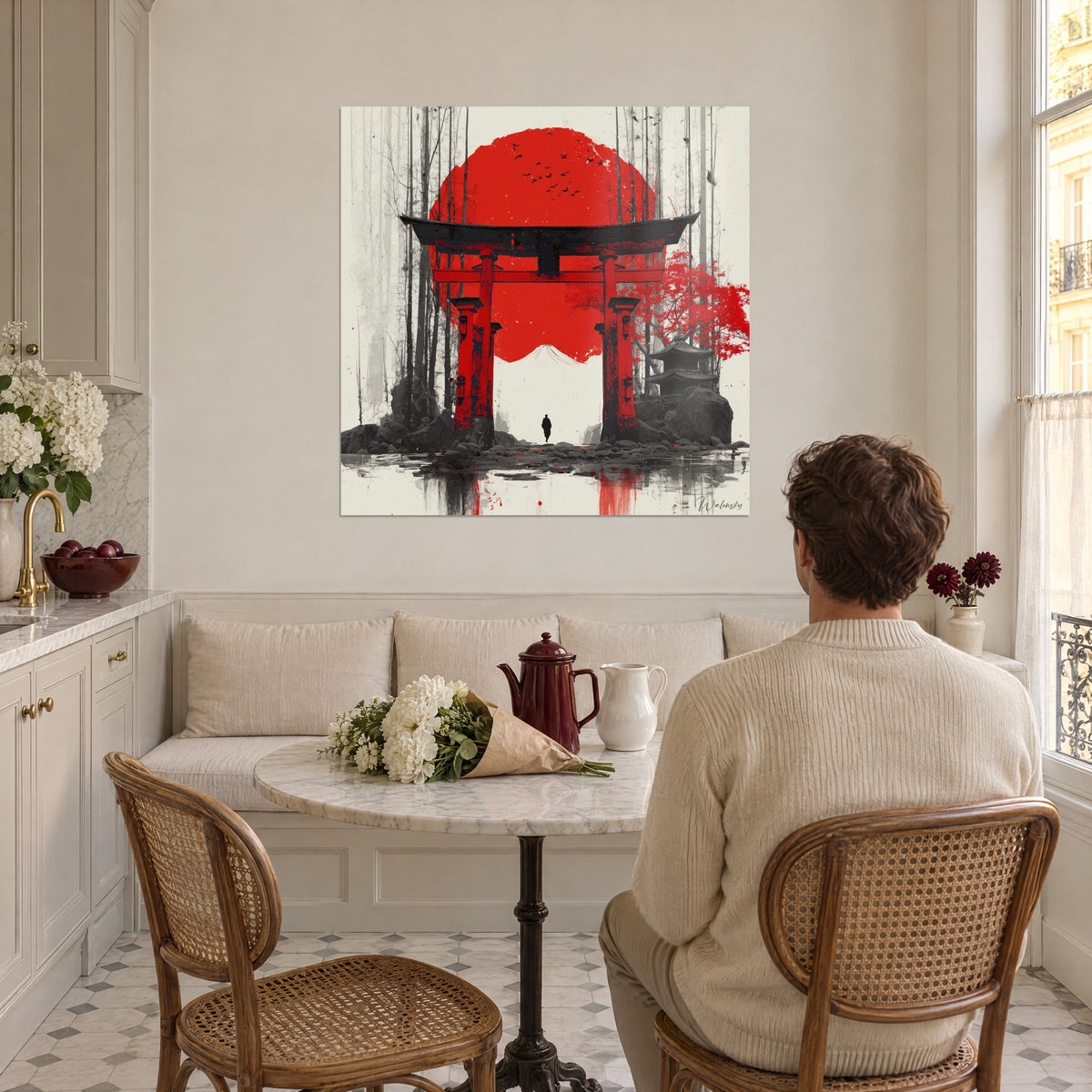Cuadro de una silueta negra que atraviesa un torii escarlata bajo un sol rojo, monte Fuji blanco, hombre de espaldas junto a una mesa en una cocina luminosa