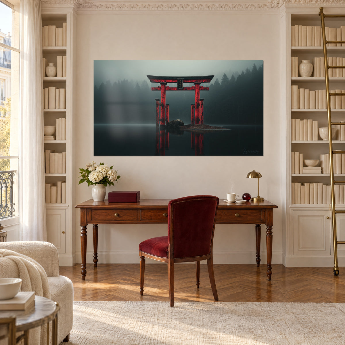 Tableau sanctuaire flottant rouge sur eau charbon, accroché au-dessus d'un bureau en bois et d'une bibliothèque