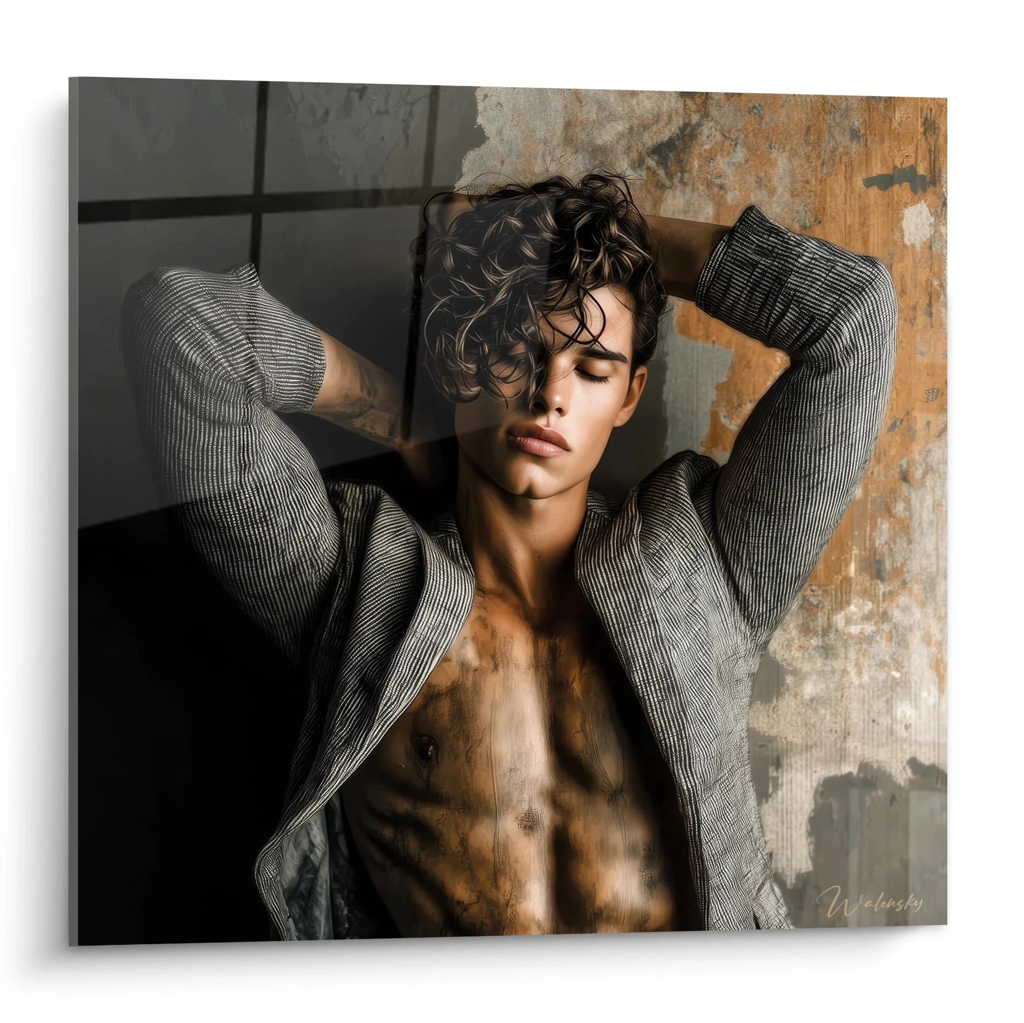 Tableau art masculin torse nu représentant un homme avec des cheveux bouclés et un look élégant