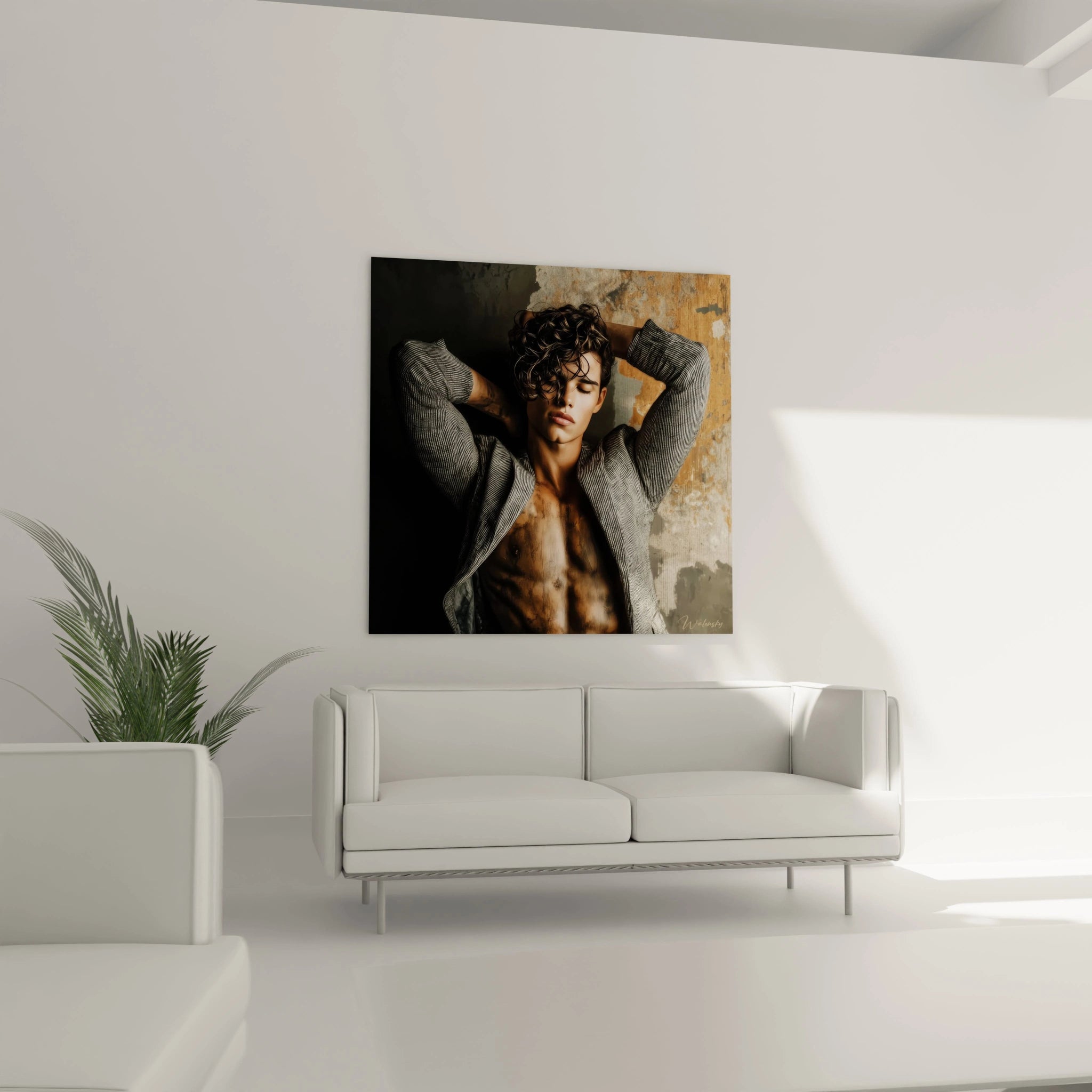 Tableau mural art masculin torse nu de Walensky avec un modèle posant dans un intérieur moderne