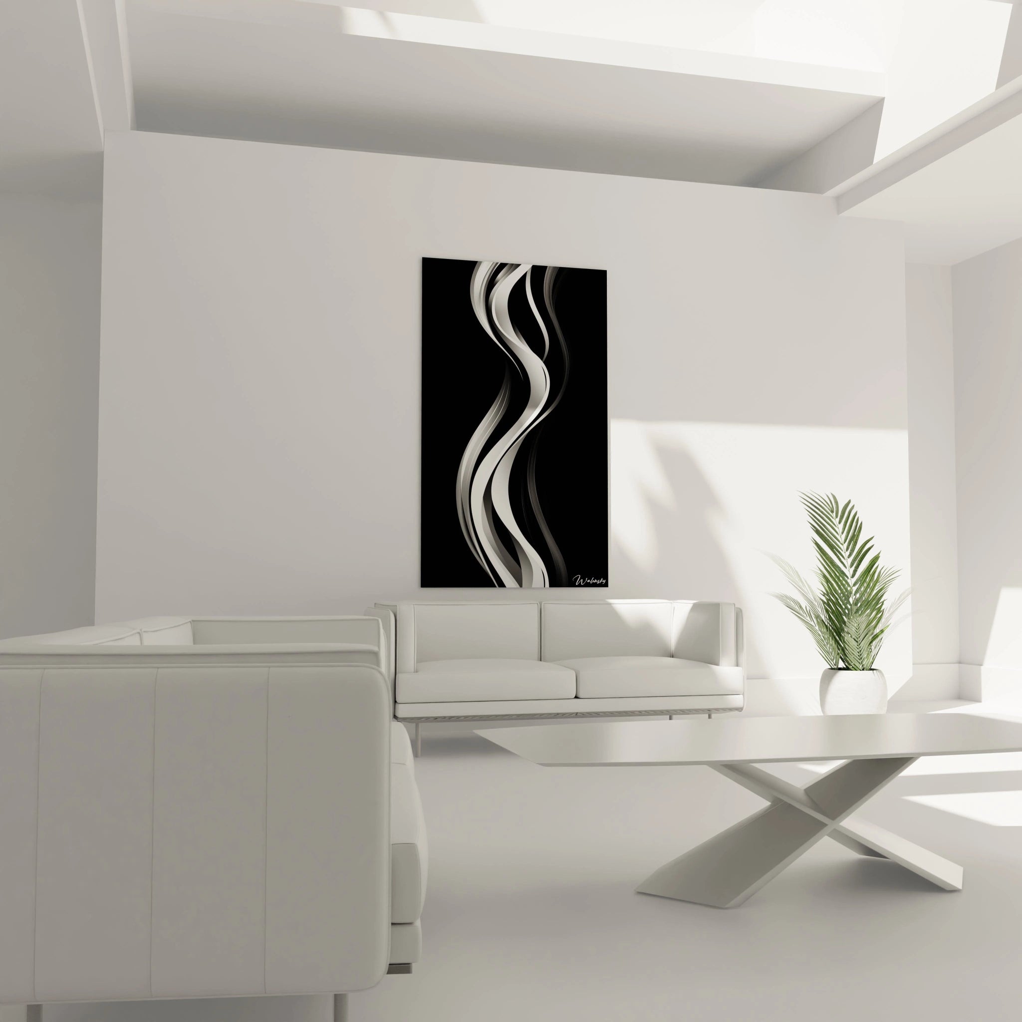 Un tableau rayures noir et blanc minimaliste composé de lignes courbes verticales. Des formes blanches brillantes s'entrelacent et se superposent sur un fond noir absorbant, suggérant un mouvement ondulant. Les variations de gris et d'argent ajoutent une subtile dimension à cette œuvre graphique.