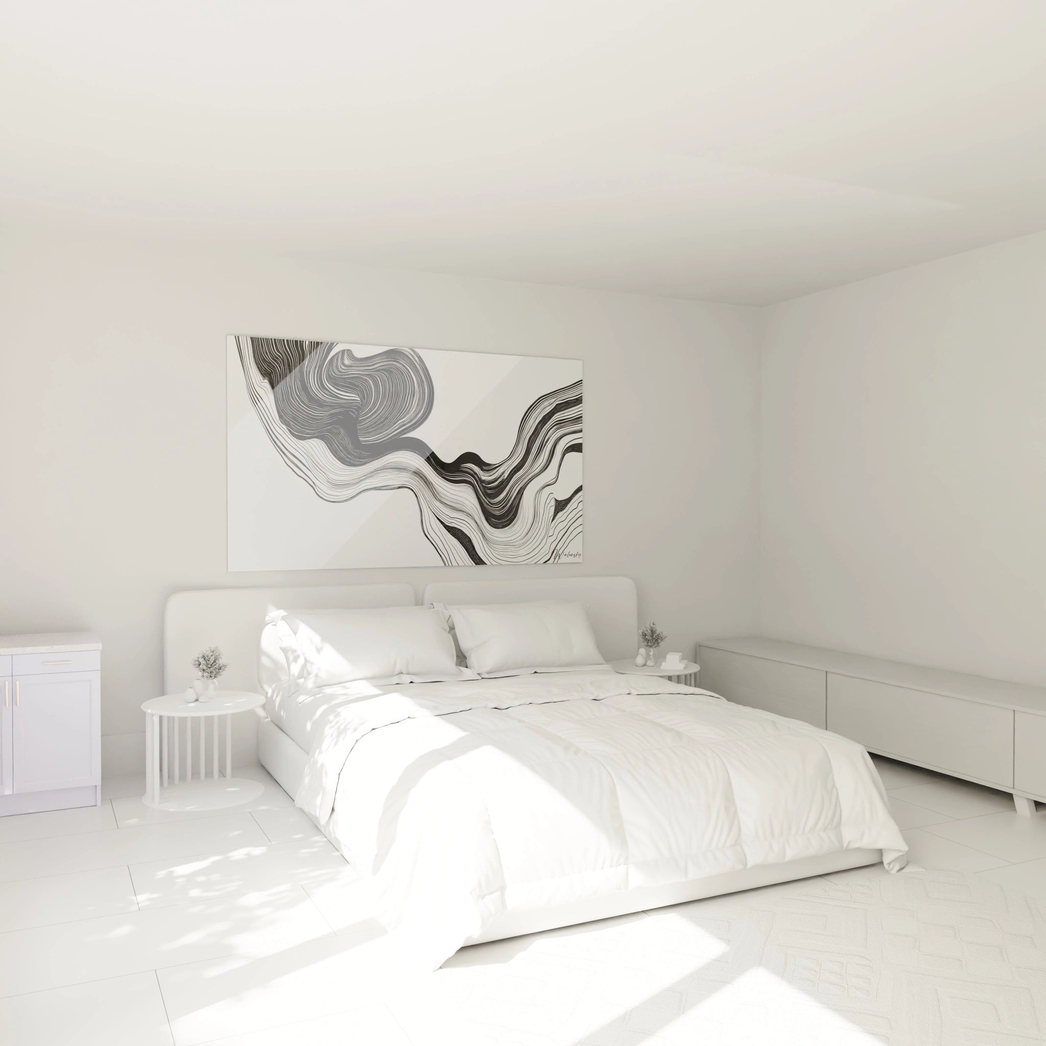 Un tableau graphique abstrait présentant des rayures noir et blanc qui s'entrelacent en motifs ondulants. Les lignes sinueuses évoquent des courants fluides figés dans leur mouvement, créant une illusion optique de relief et de profondeur sur une toile minimaliste aux contrastes francs.