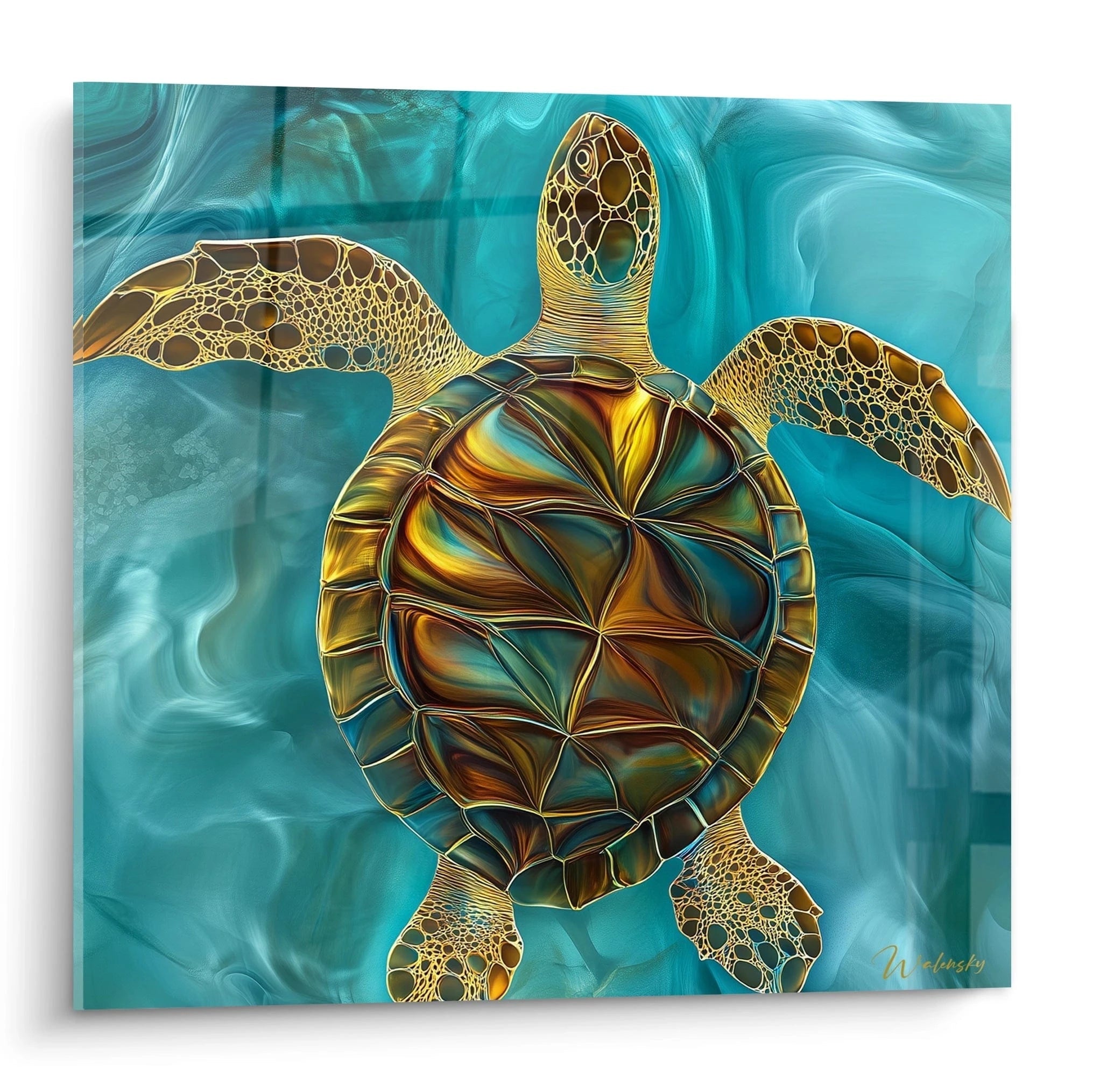 Tableau tortue de mer Walensky avec motifs artistiques dorés sur fond bleu océan