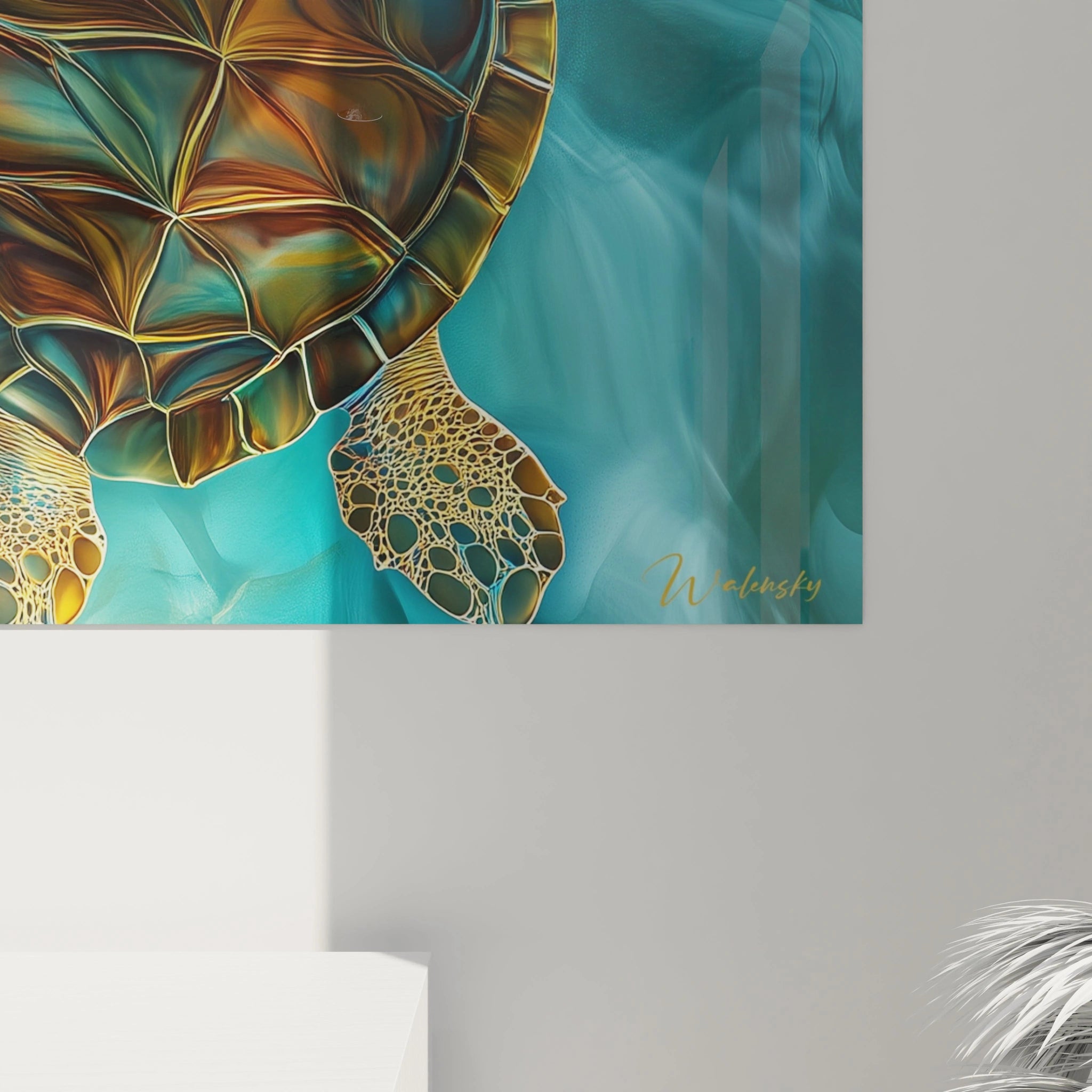 Tableau tortue de mer Walensky avec détails réalistes en couleurs chaudes sur fond bleu océan