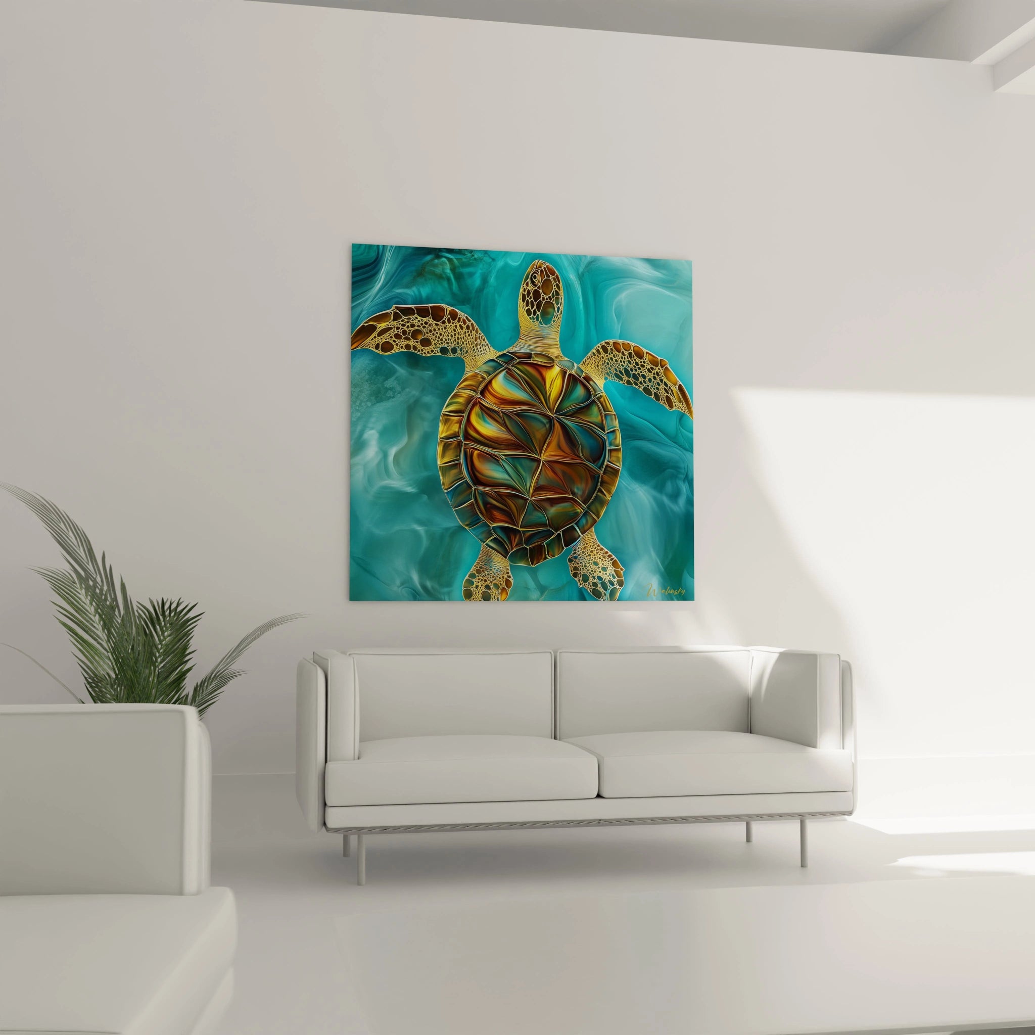 Tableau tortue de mer colorée sur fond turquoise accroché au-dessus d'un canapé blanc moderne