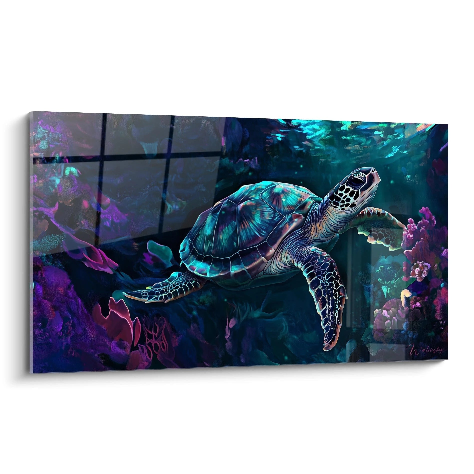 Tableau tortue de mer Walensky illustrant une tortue nageant dans un décor sous-marin coloré