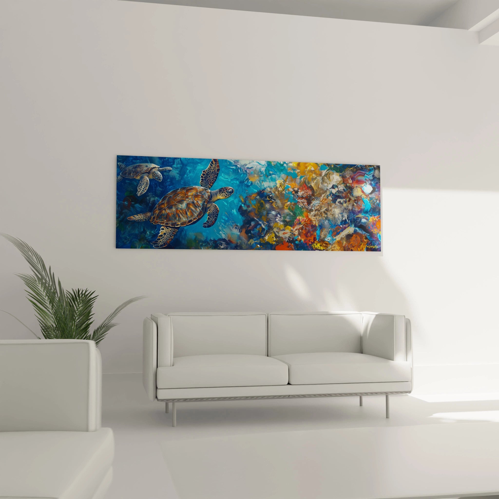 Tableau tortue de mer Walensky représentant une scène sous-marine colorée au-dessus d'un canapé blanc moderne