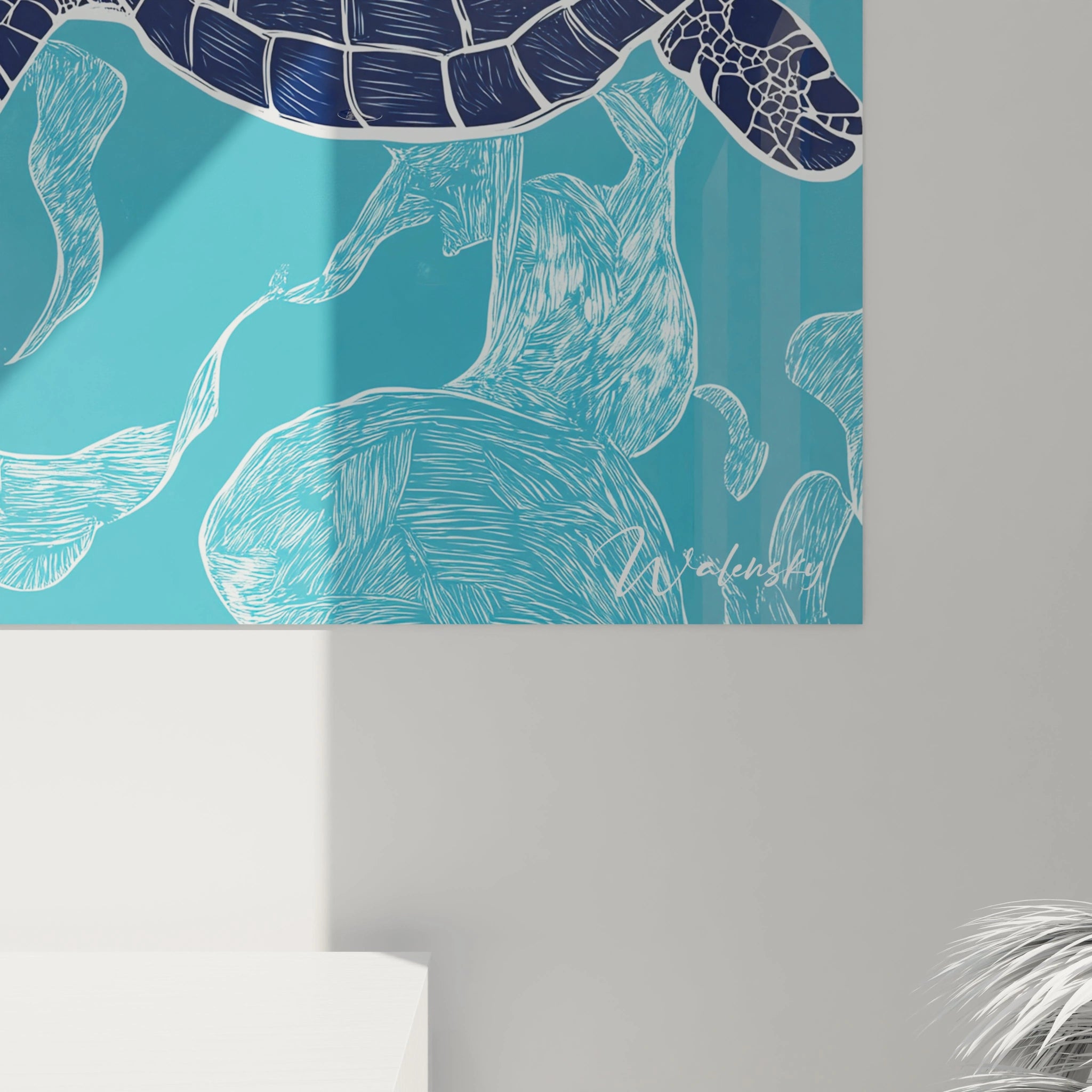 Tableau tortue de mer bleu signé Walensky avec illustration détaillée d'une tortue en mer