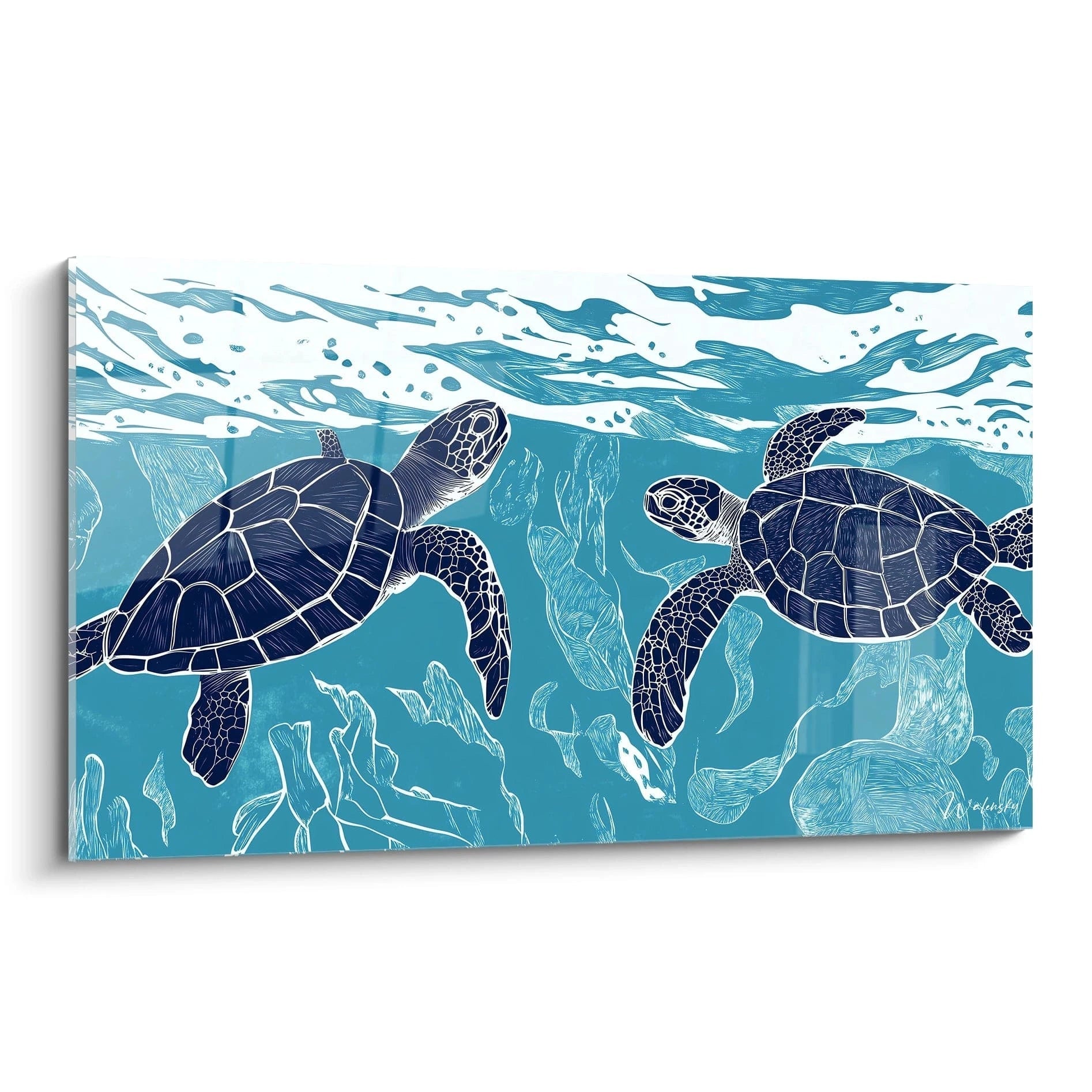 Tableau tortue de mer Walensky avec deux tortues nageant sous l'eau en tons bleus