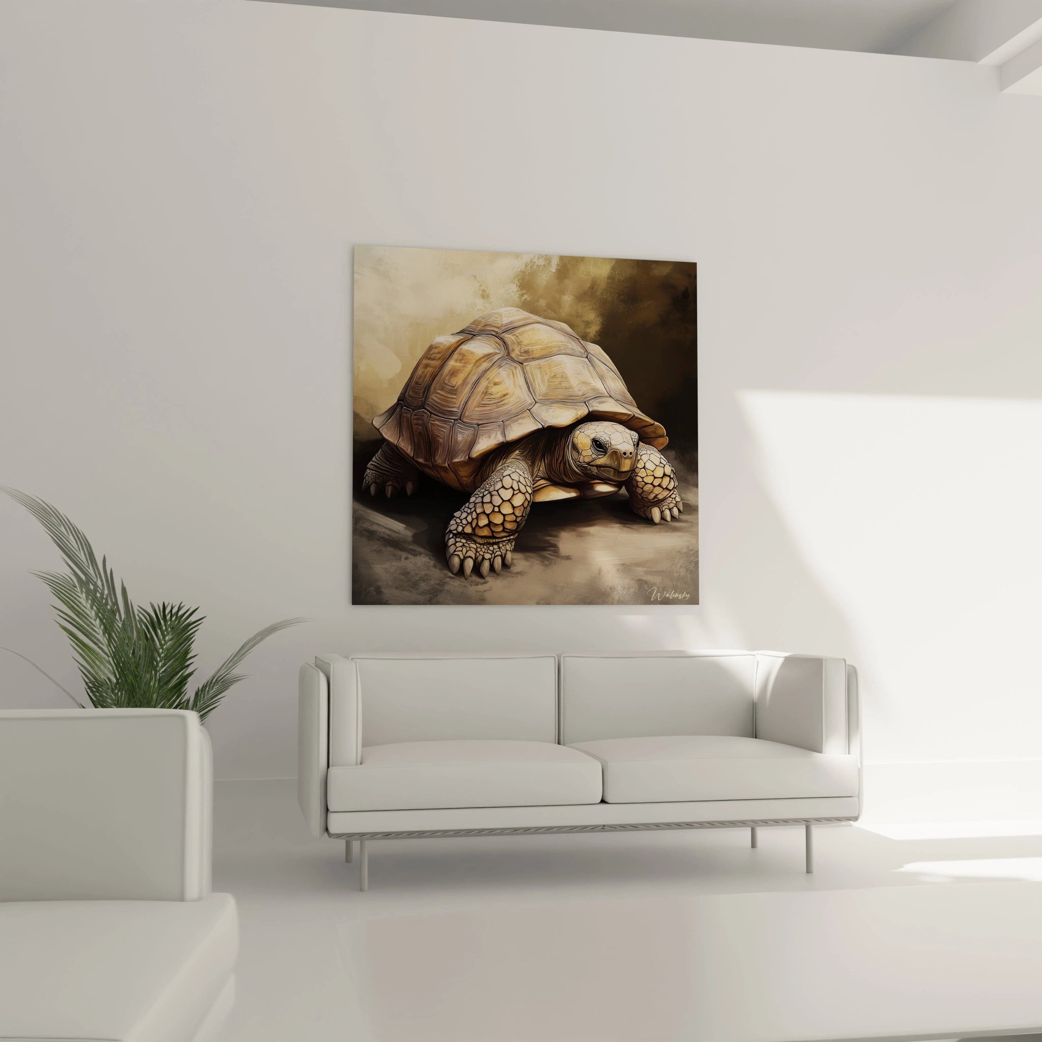 Tableau tortue terrestre Walensky accroché au mur dans un salon moderne avec canapé blanc