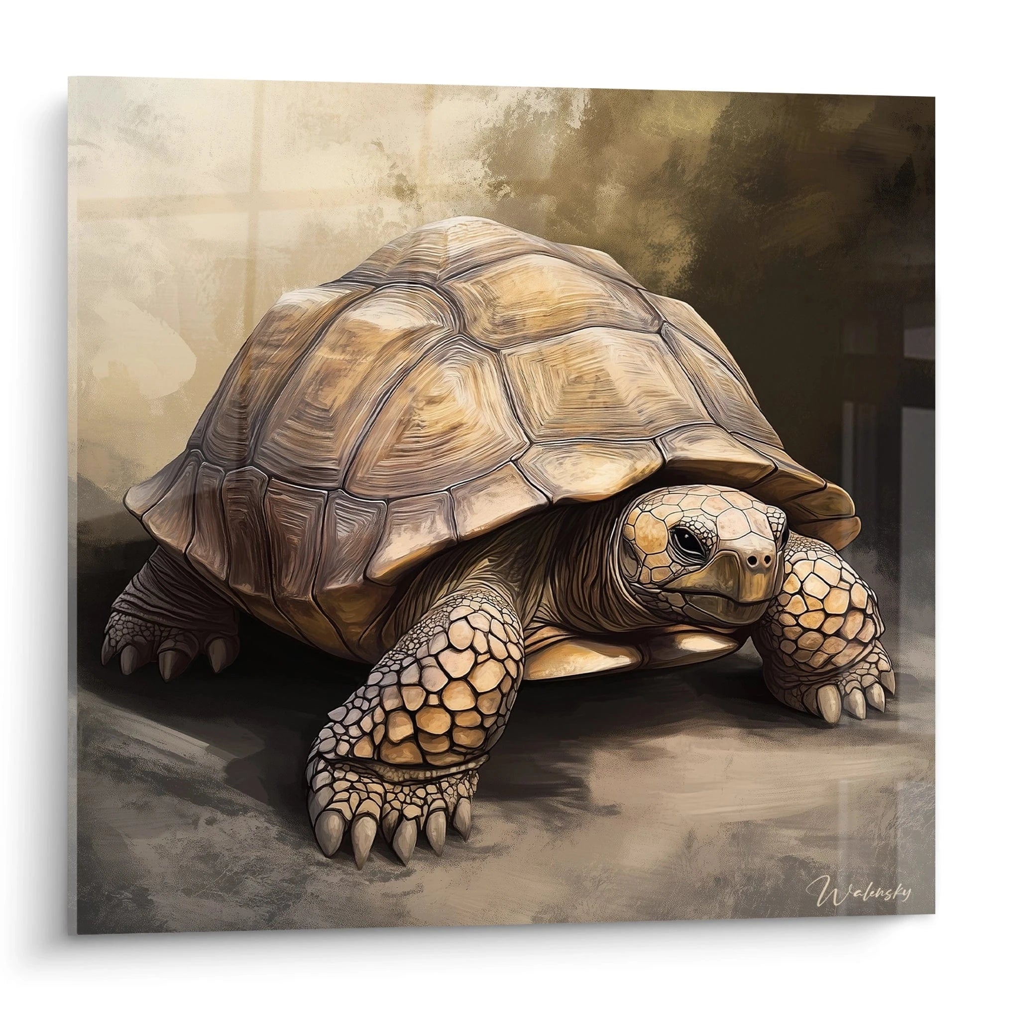 Tableau tortue terrestre par Walensky avec illustration réaliste d'une tortue marchant sur sol neutre