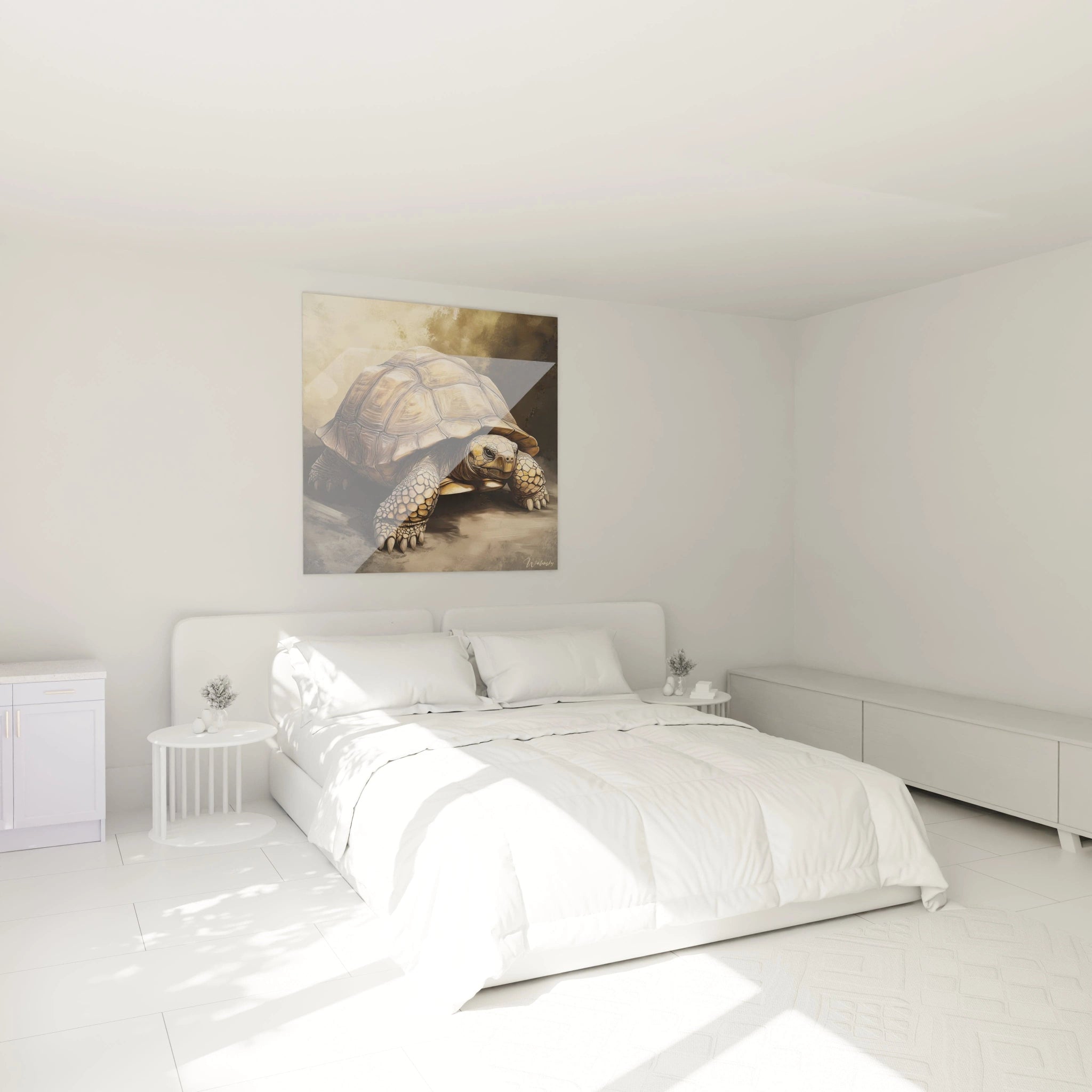 Tableau tortue terrestre Walensky accroché au mur d'une chambre moderne toute blanche