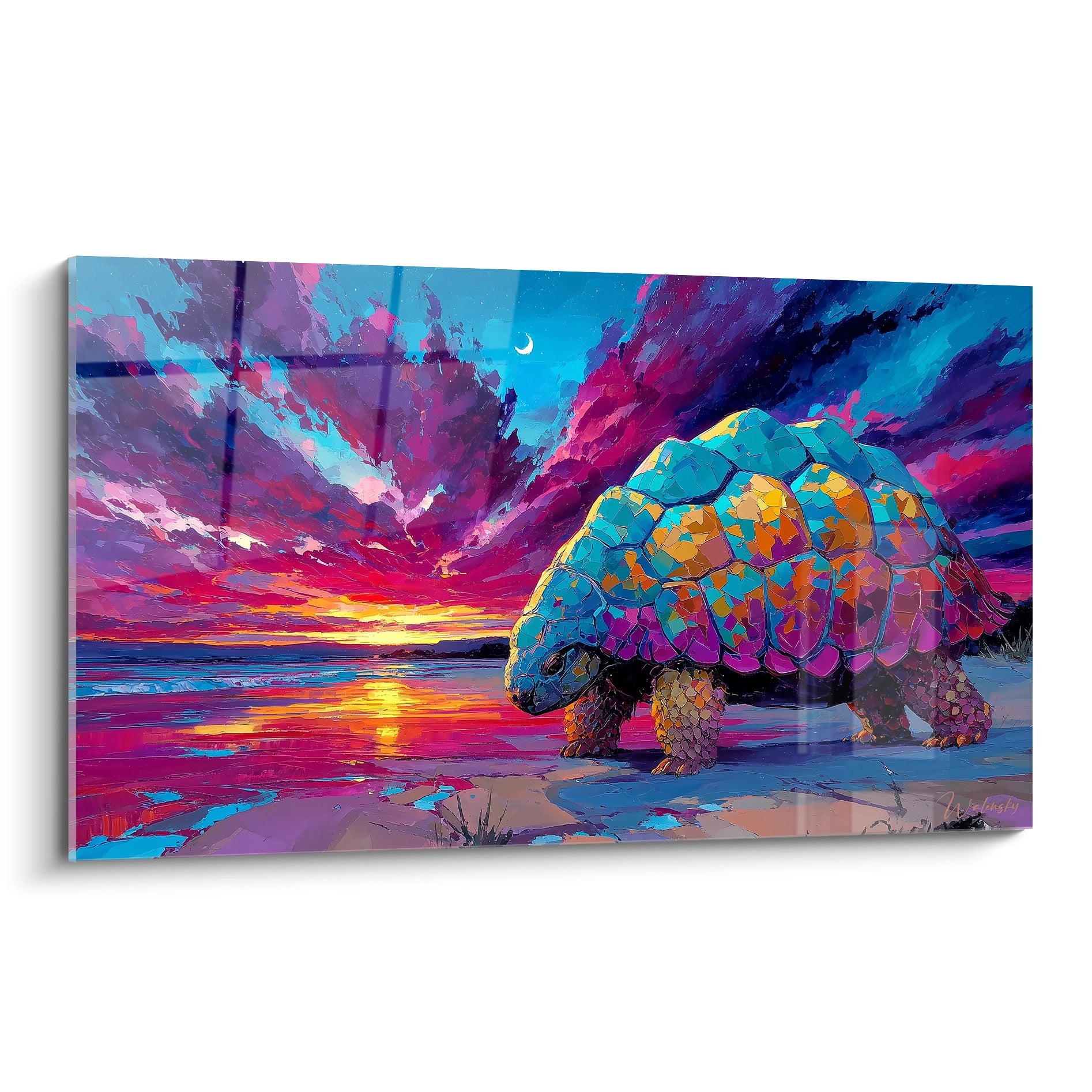 Tableau mural tortue géante colorée sur plage au crépuscule fantastique - Art Glyptodon