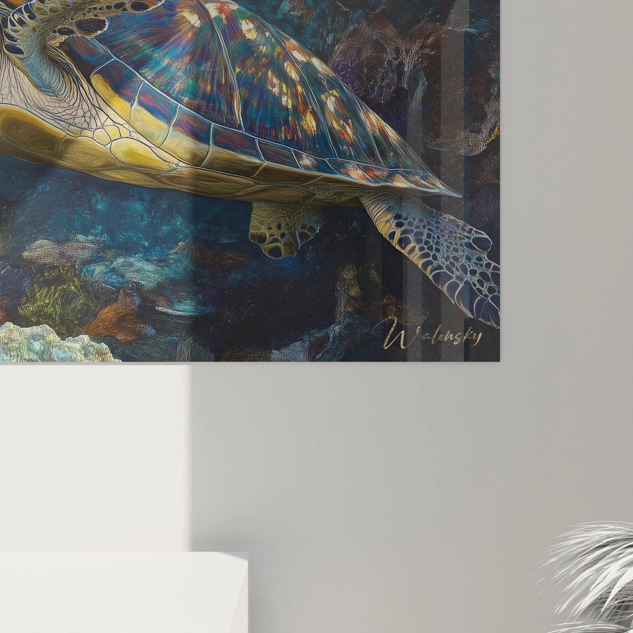 Tableau tortue de mer Walensky avec peinture détaillée d'une tortue nageant sous l'eau